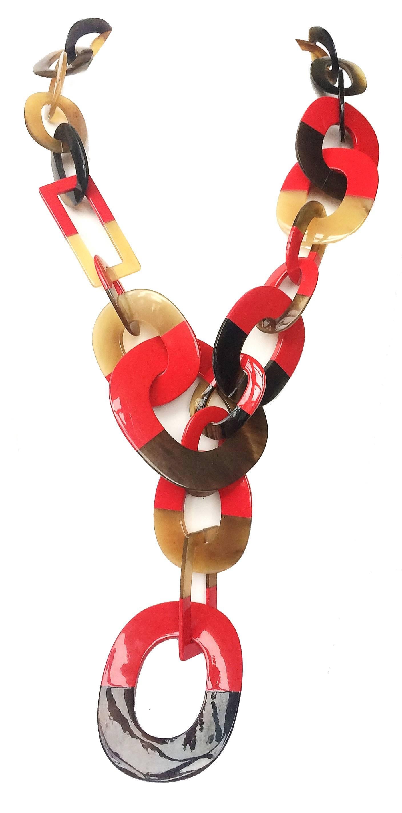 Hermes horn and red lacquer multi coloured linked sautoir necklace 3