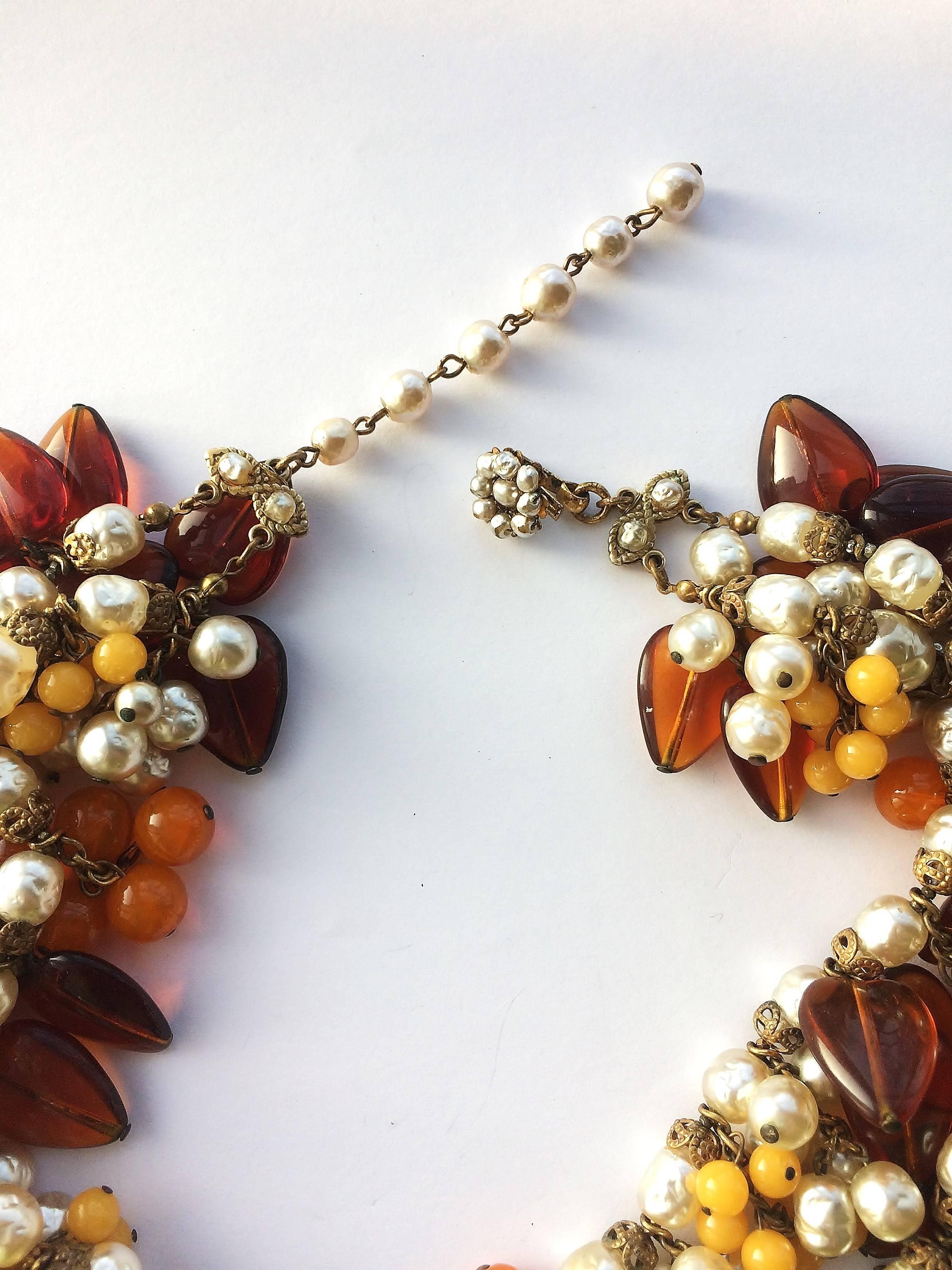 A baroque pearl, and glass necklace with matching earrings, Miriam Haskell, 1960s For Sale 1