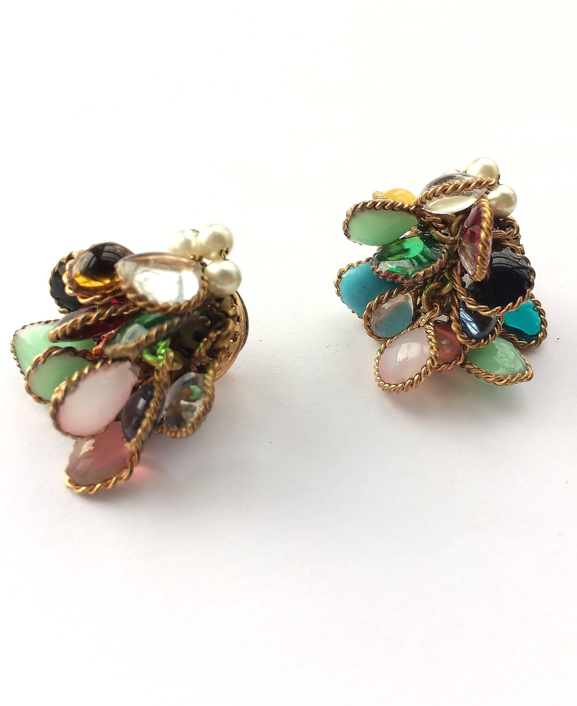 Women's Multi coloured poured glass cluster earrings, Maison Gripoix, att. Chanel 1960s.