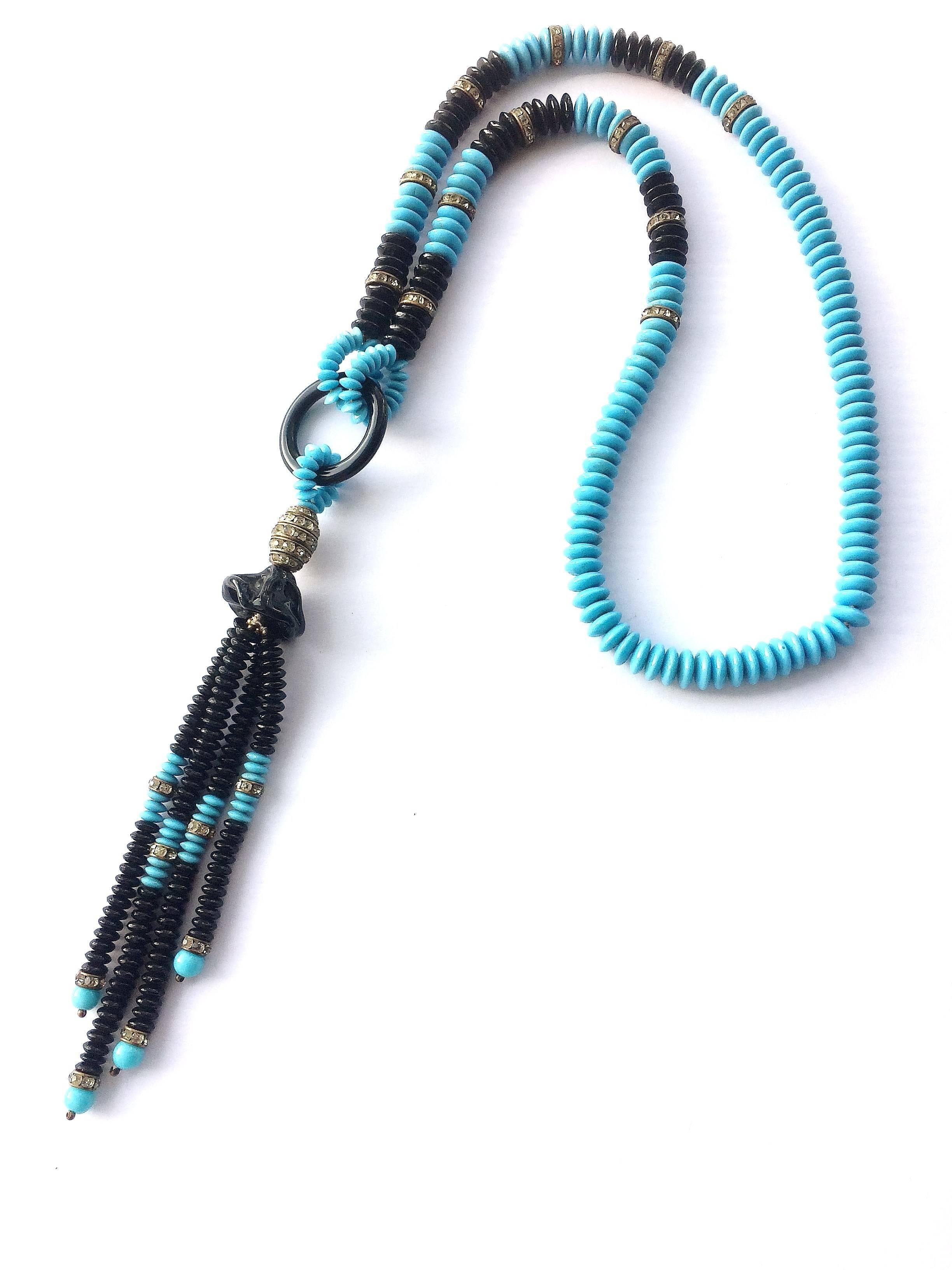 Turquoise and black glass sautoir, French, 1920s 4