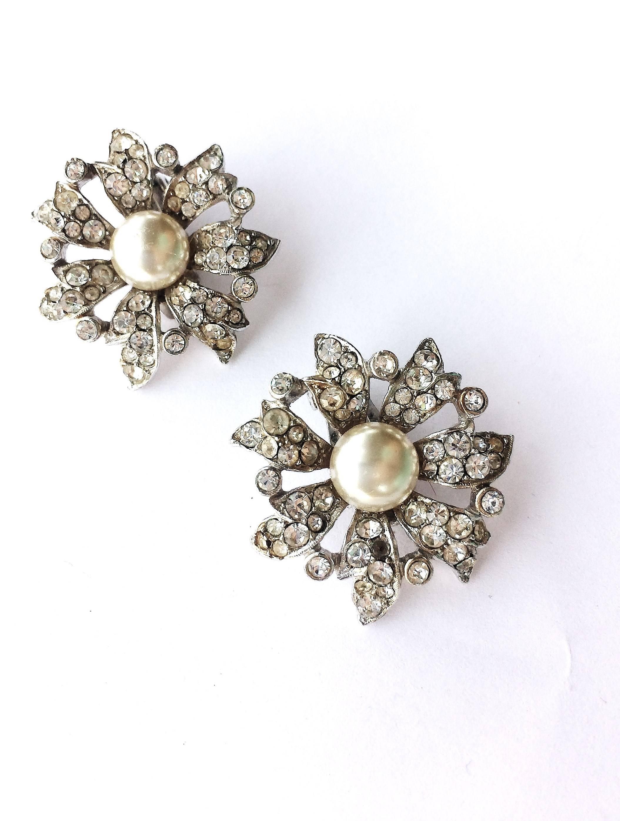 Christian Dior by Michel Maer paste and pearl Andante Flower Earrings, 1950s In Excellent Condition In Greyabbey, County Down