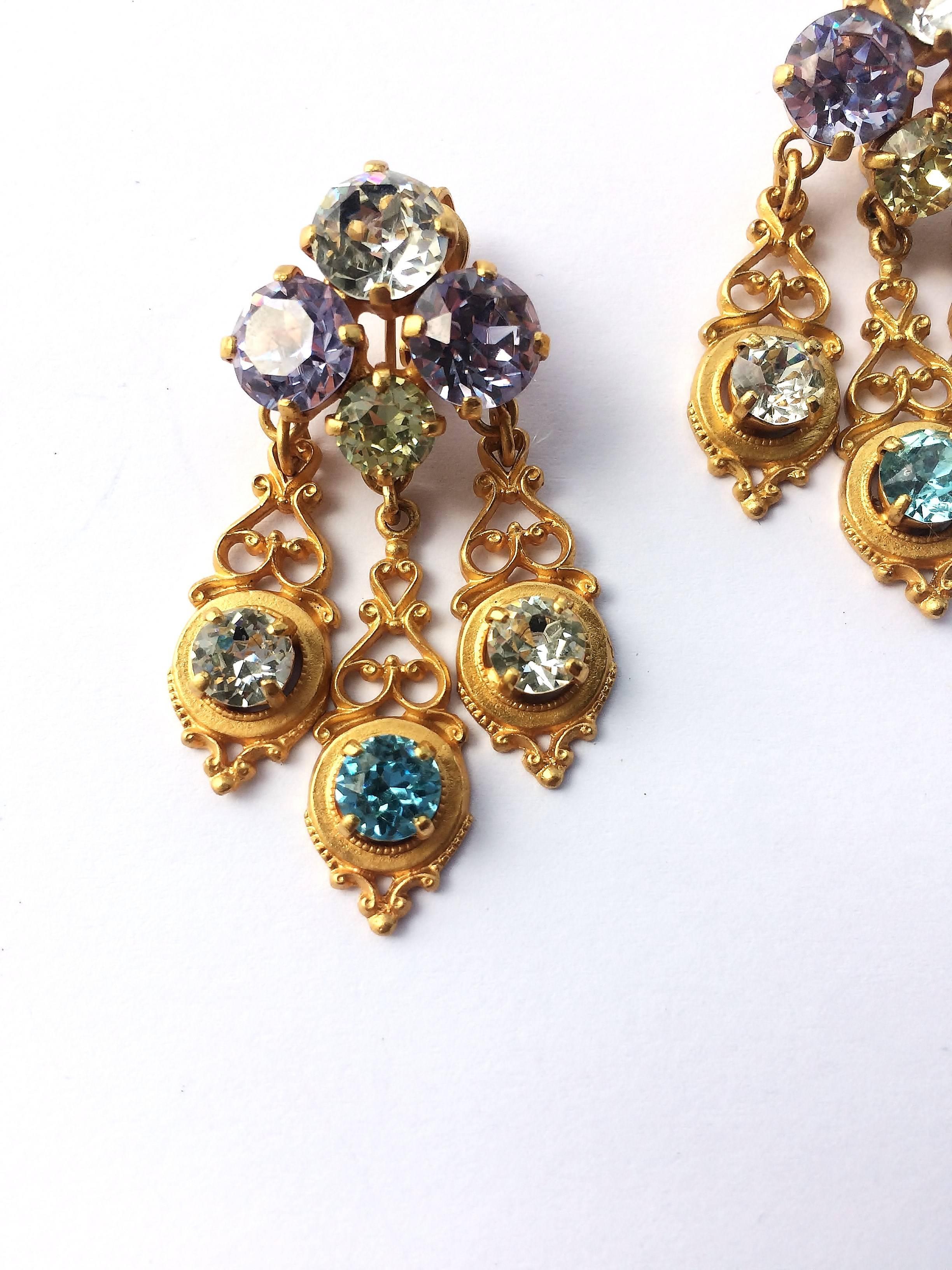 Beautiful baroque drop earrings, in soft, pastel colours, a magical combination, set in gilded metal. These are a very well known Dior design from the early 1950s, but they are not marked. (In many cases, the either the necklace, or brooch/bracelet