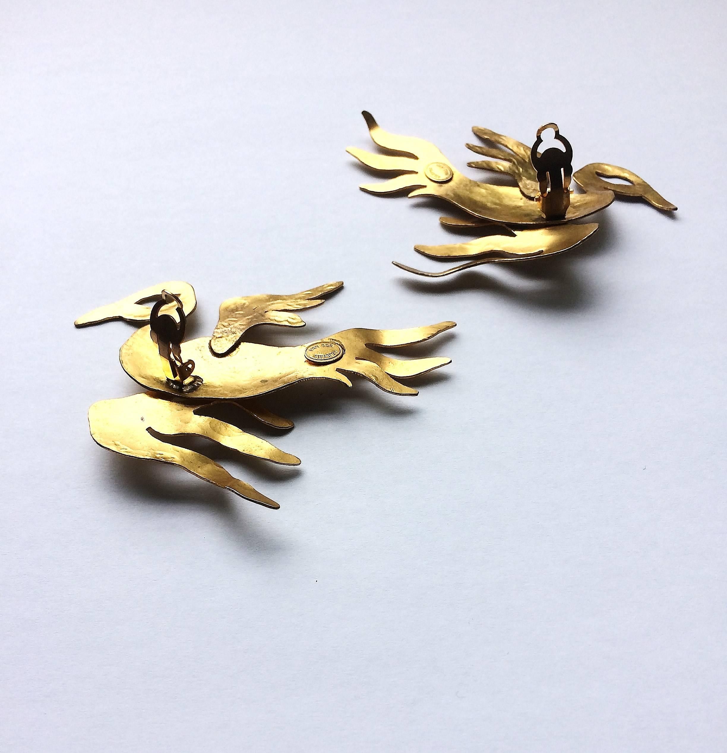 Women's Wonderful large gilded metal 'phoenix' earrings, Herve Van Der Straeten, 1980s