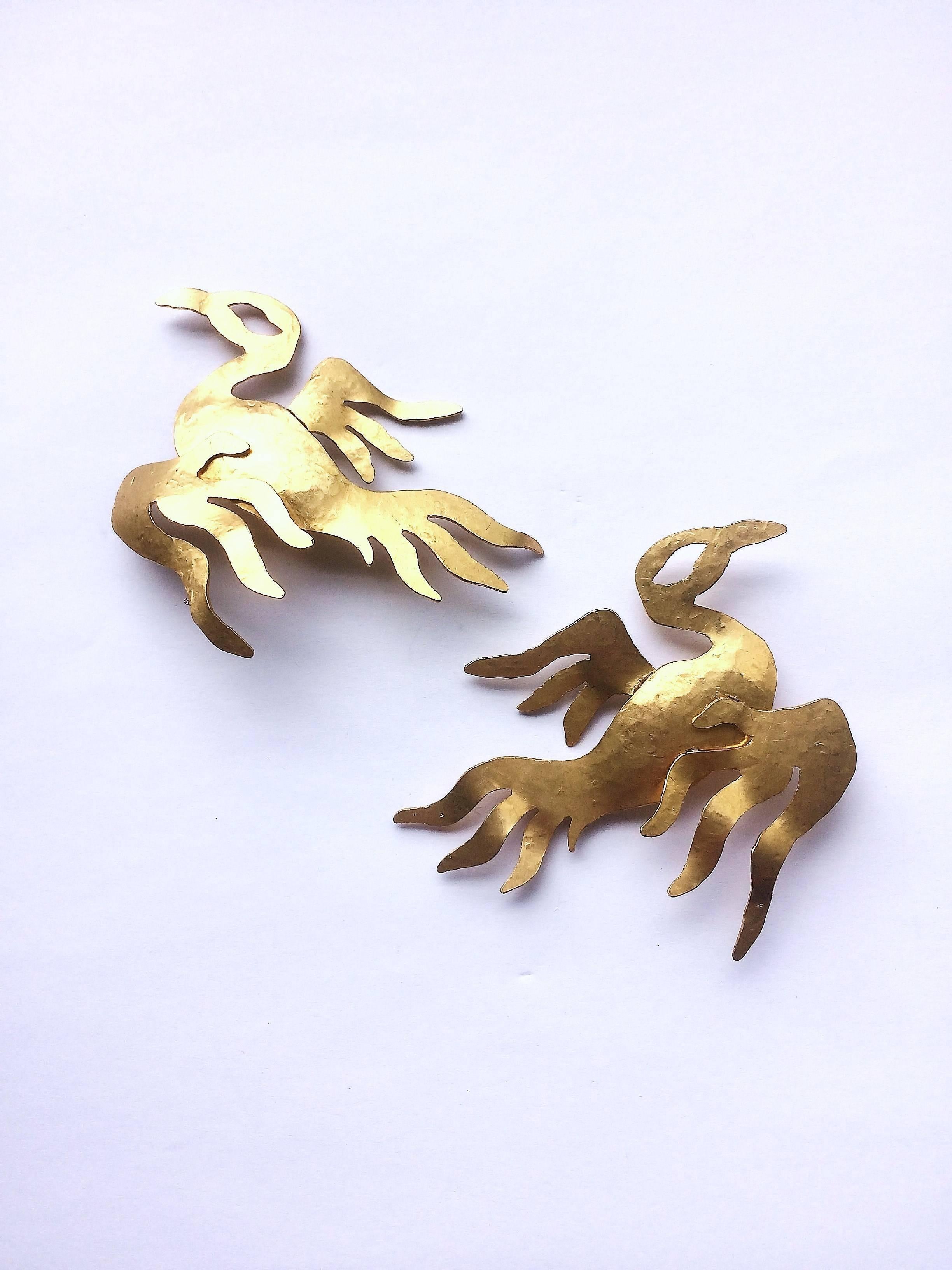Wonderful large gilded metal 'phoenix' earrings, Herve Van Der Straeten, 1980s 3