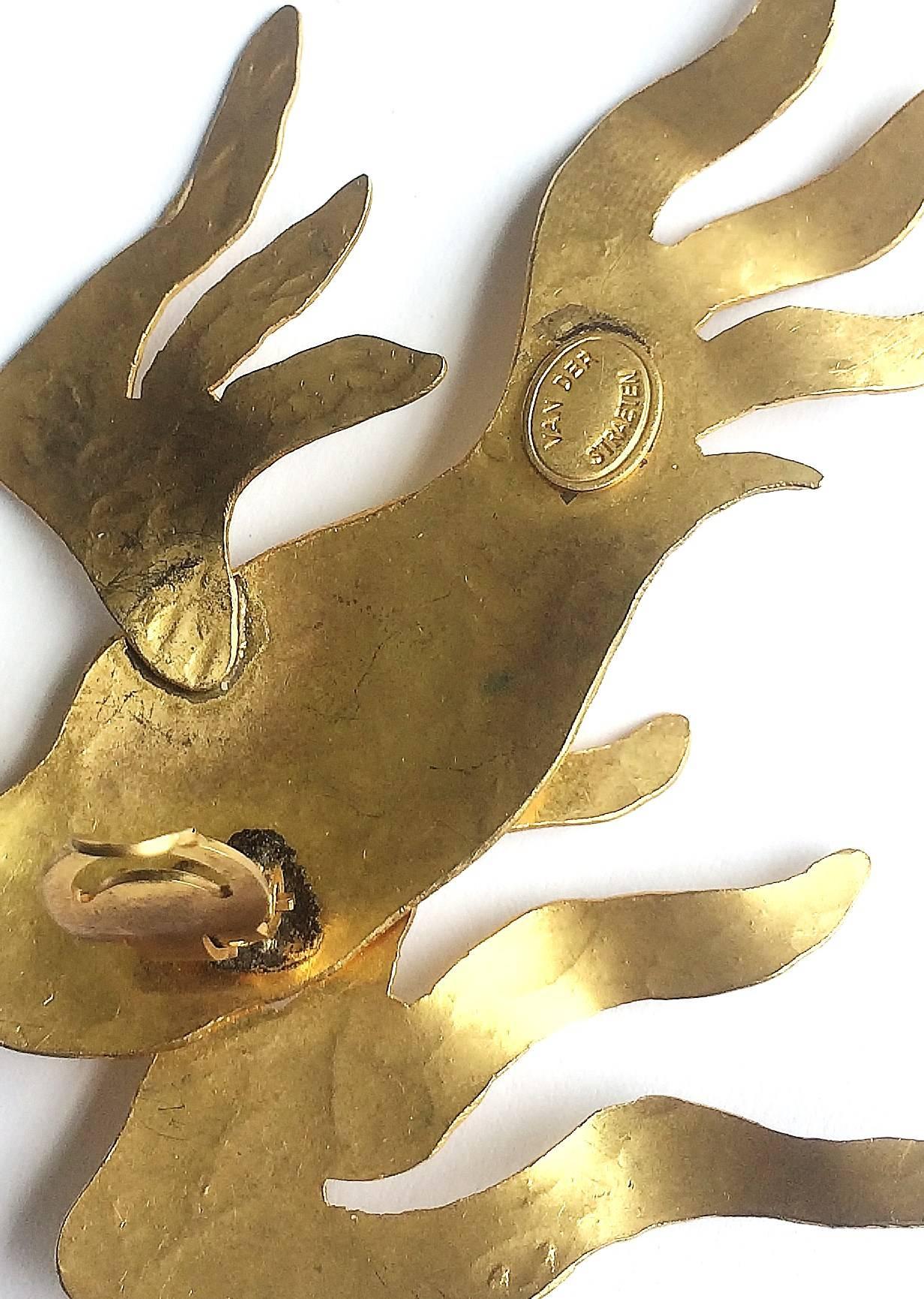 Wonderful large gilded metal 'phoenix' earrings, Herve Van Der Straeten, 1980s 4