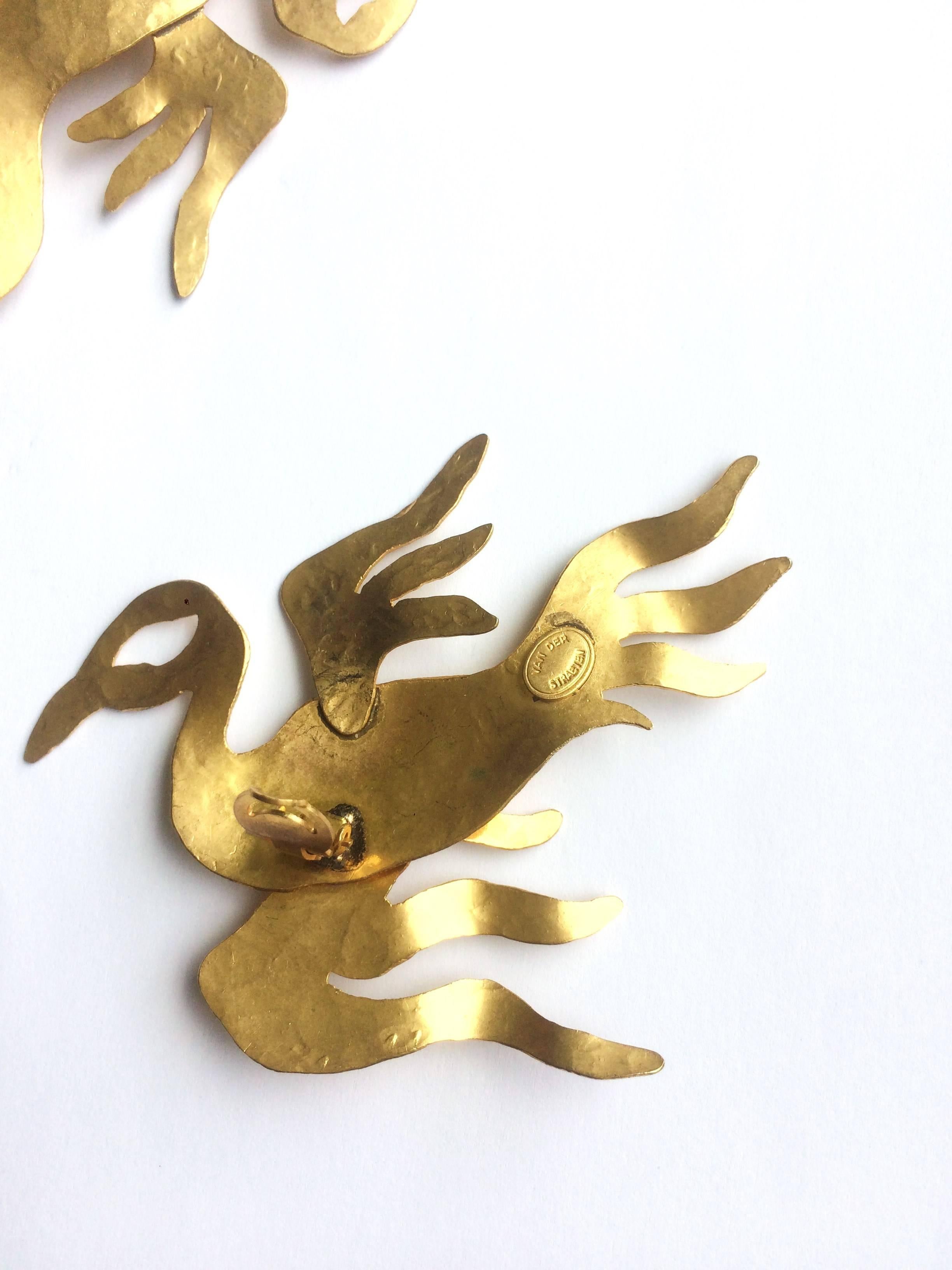 Wonderful large gilded metal 'phoenix' earrings, Herve Van Der Straeten, 1980s 5