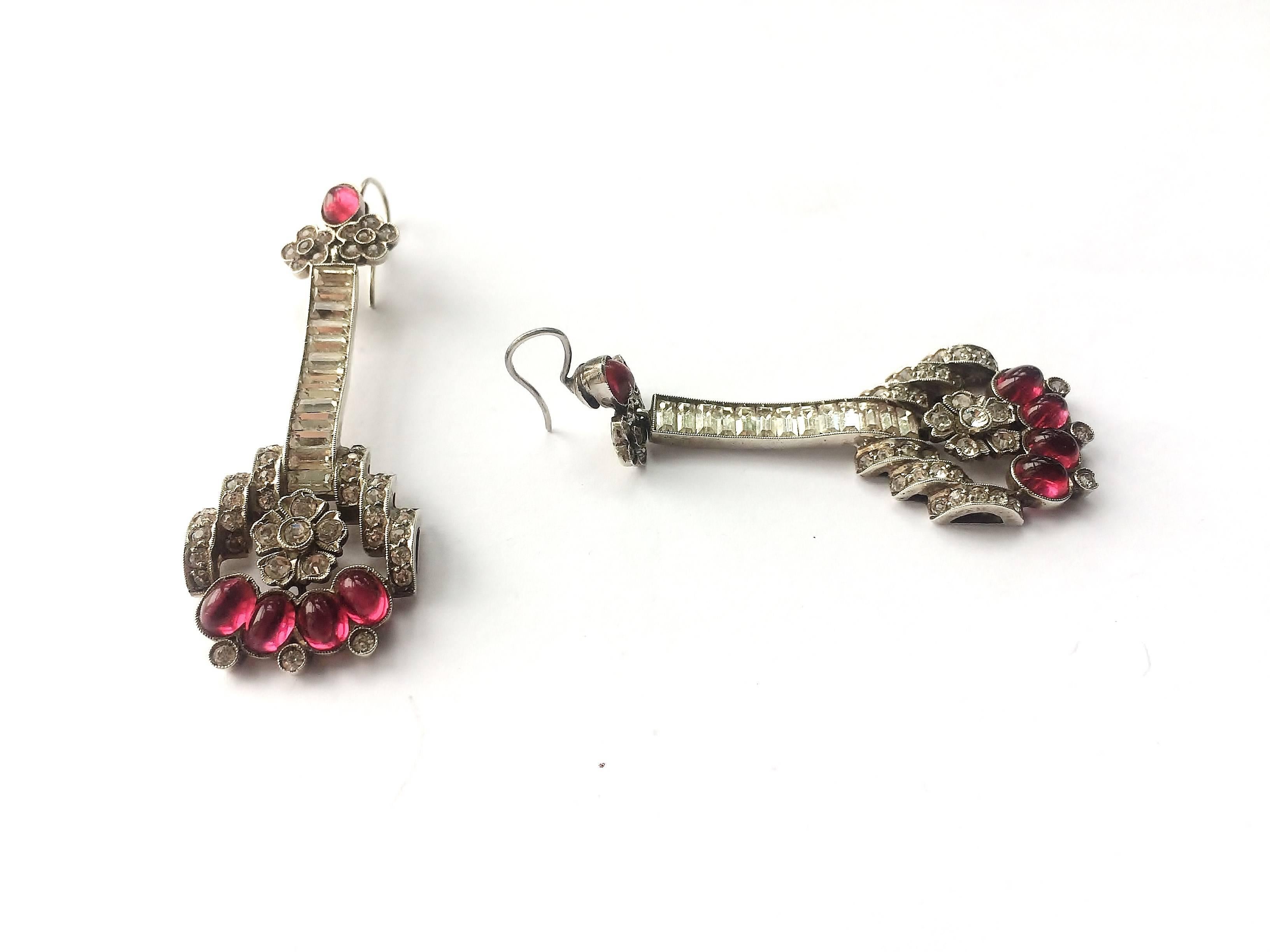 Ruby cabuchon, paste and sterling silver drop earrings, 1930s In Excellent Condition In Greyabbey, County Down