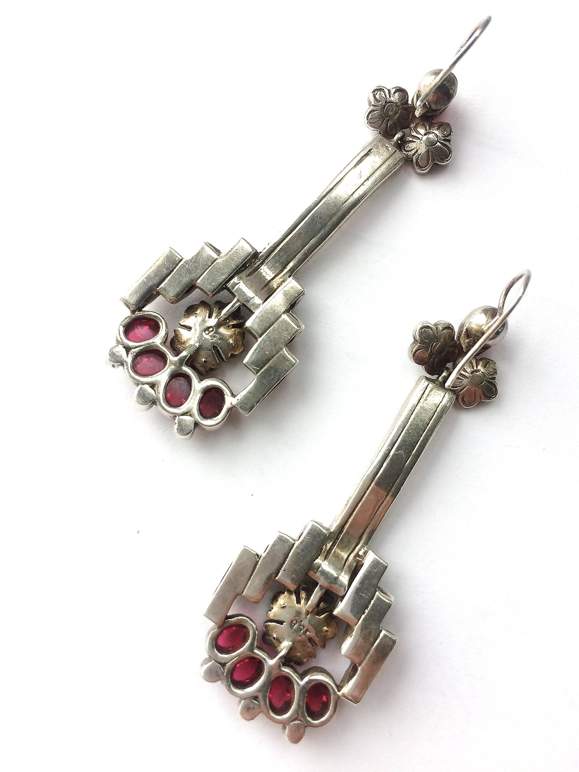 Women's Ruby cabuchon, paste and sterling silver drop earrings, 1930s