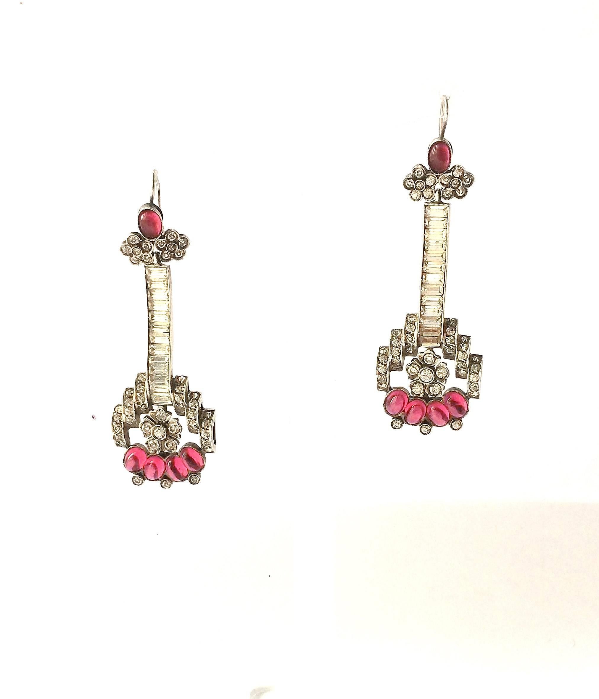 Ruby cabuchon, paste and sterling silver drop earrings, 1930s 1