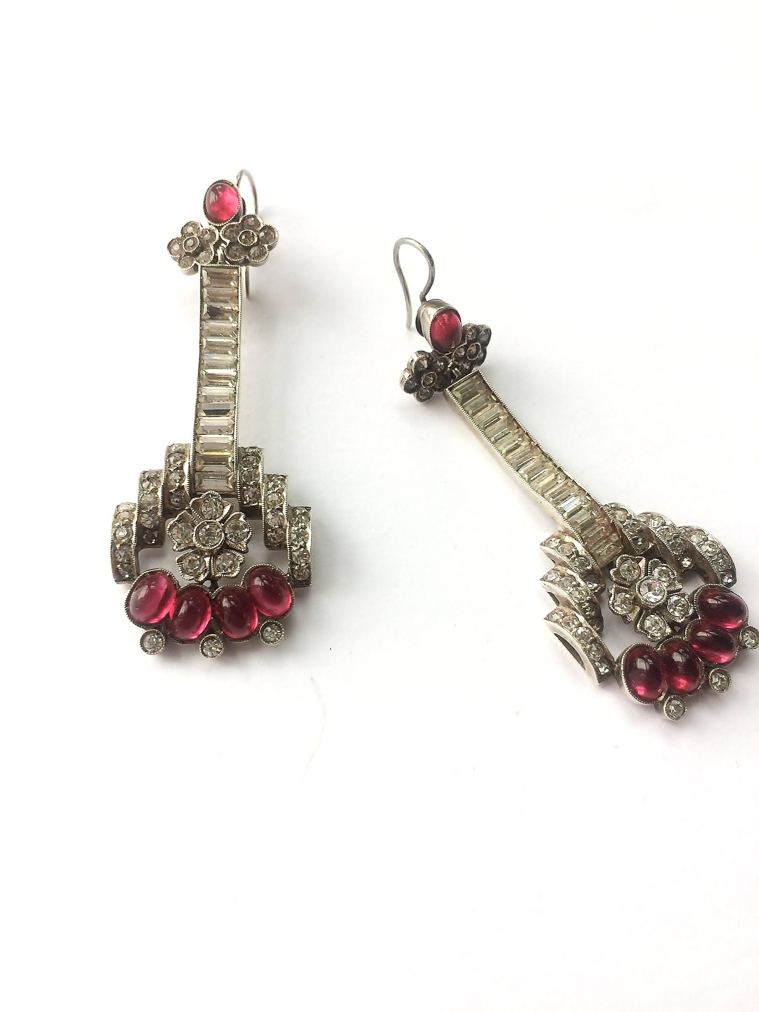 Ruby cabuchon, paste and sterling silver drop earrings, 1930s 3