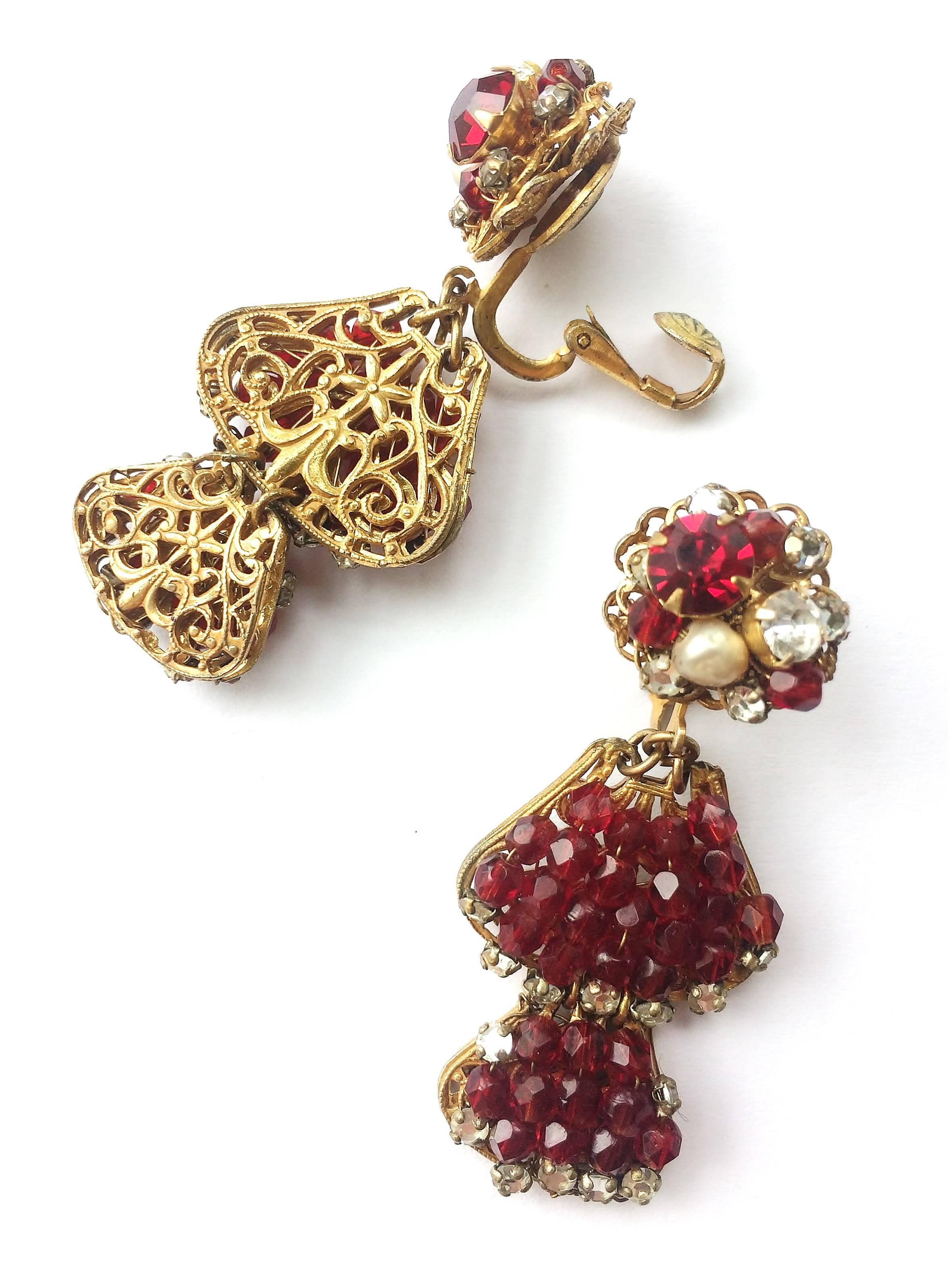 Women's Ruby bead, rose montes and pearl drop earrings, De Mario, 1950s