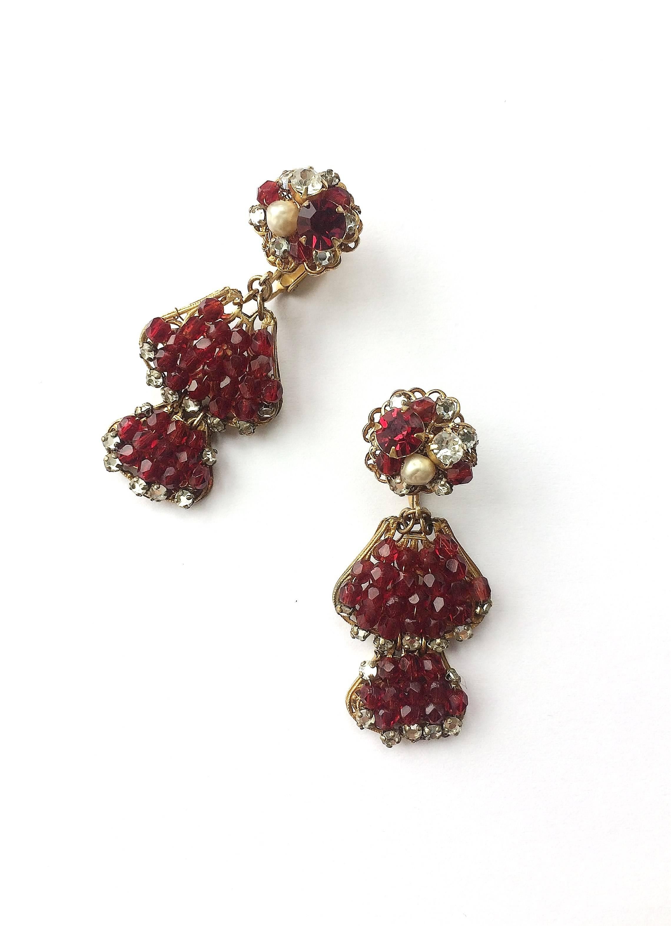Ruby bead, rose montes and pearl drop earrings, De Mario, 1950s 1