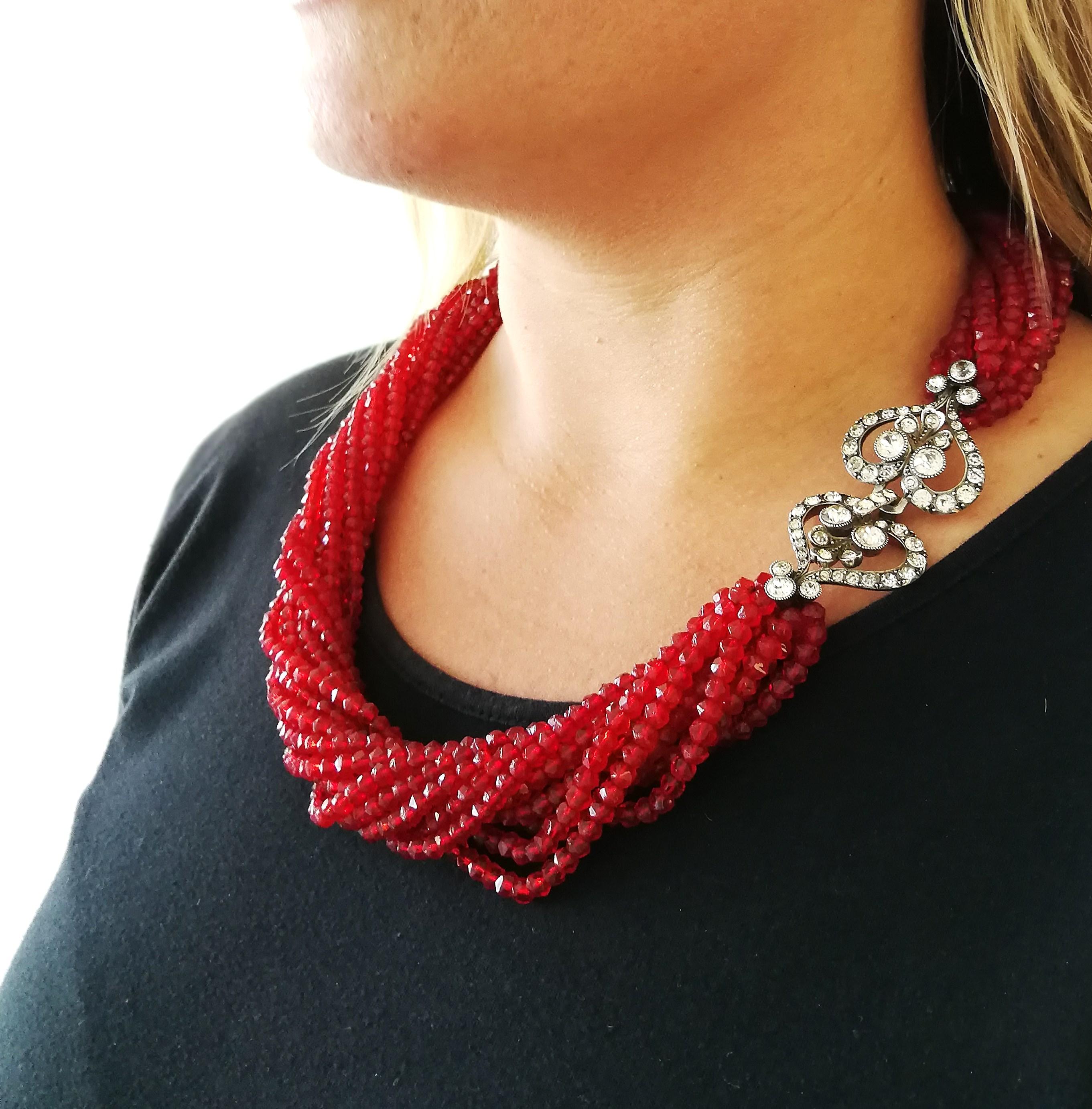 Silver, paste and red glass bead twist multi strand necklace, 1930s For Sale 4