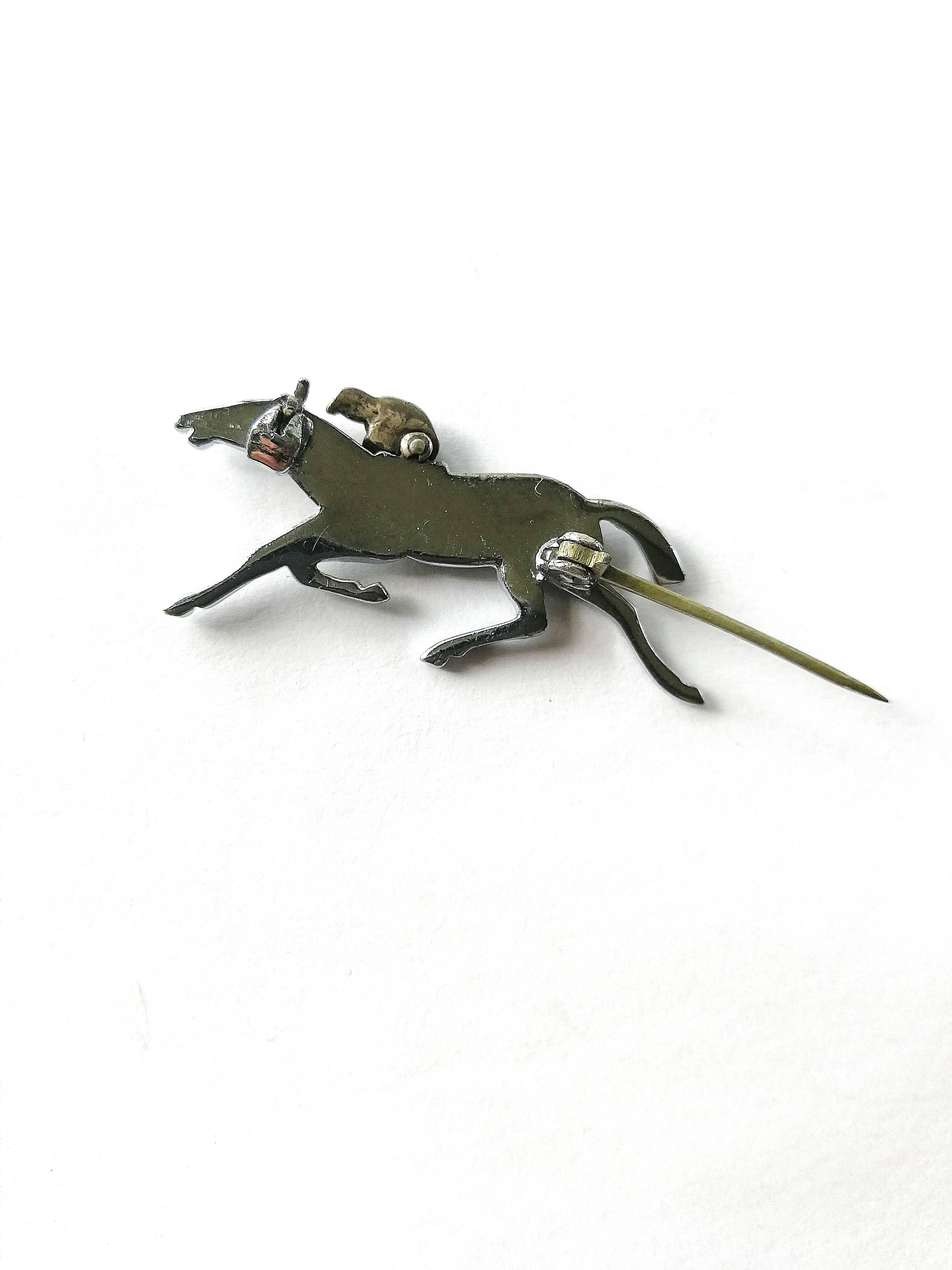 Miniature silver, paste and enamel 'jockey' brooch, English, 1950s. In Good Condition In Greyabbey, County Down