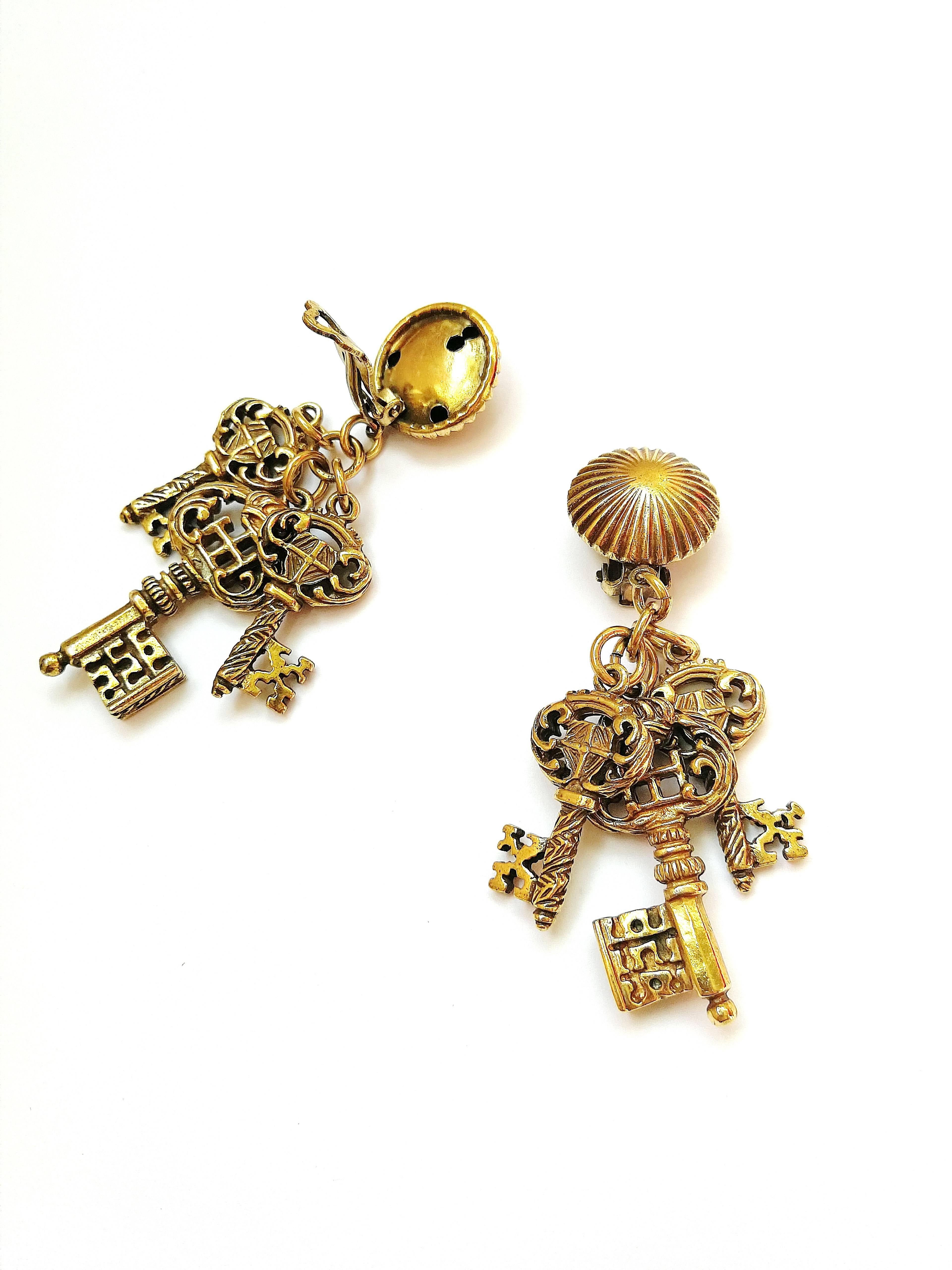 Antiqued gilt metal 'key' drop earrings, Selini, 1960s 1