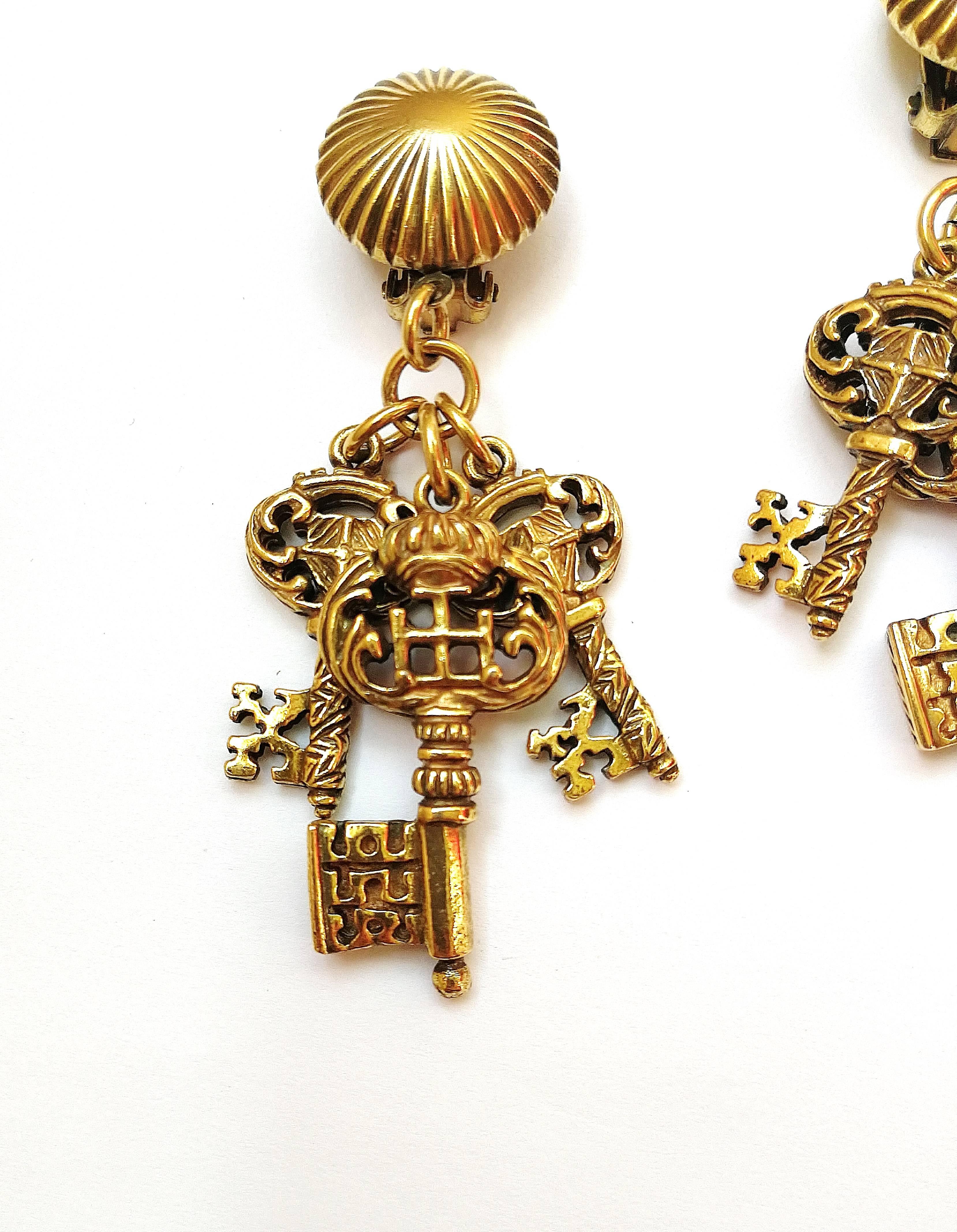 Antiqued gilt metal 'key' drop earrings, Selini, 1960s 2