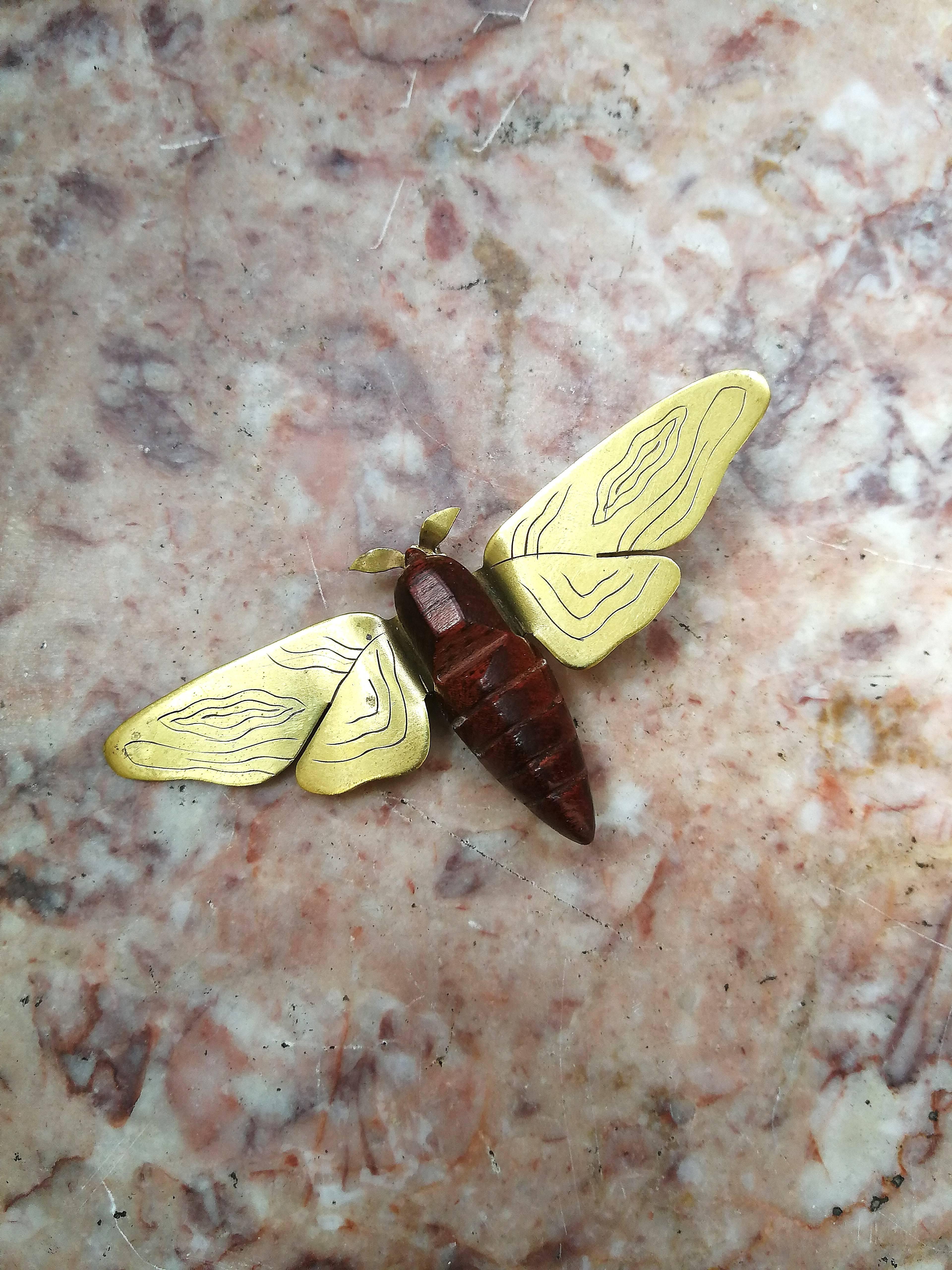 Carved wood and engraved brass 'moth' brooch, France, 1950s For Sale 2