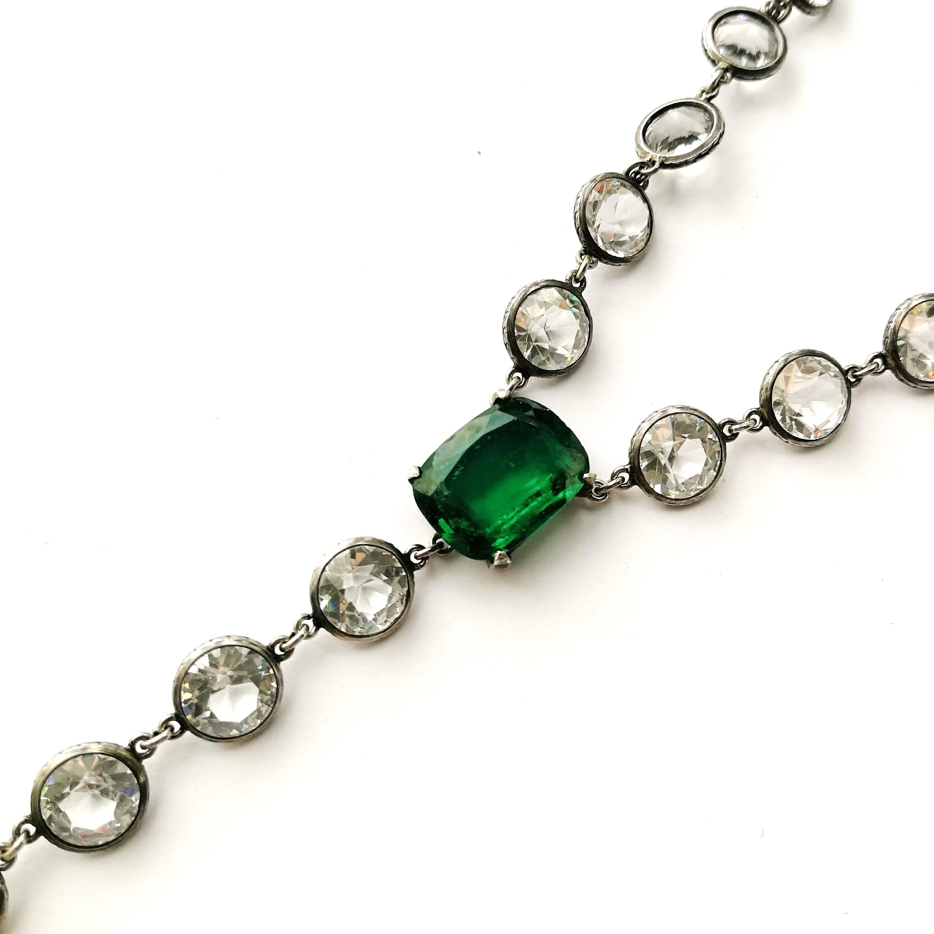 Silver/ emerald glass and clear crystal sautoir necklace, France, 1920s 1