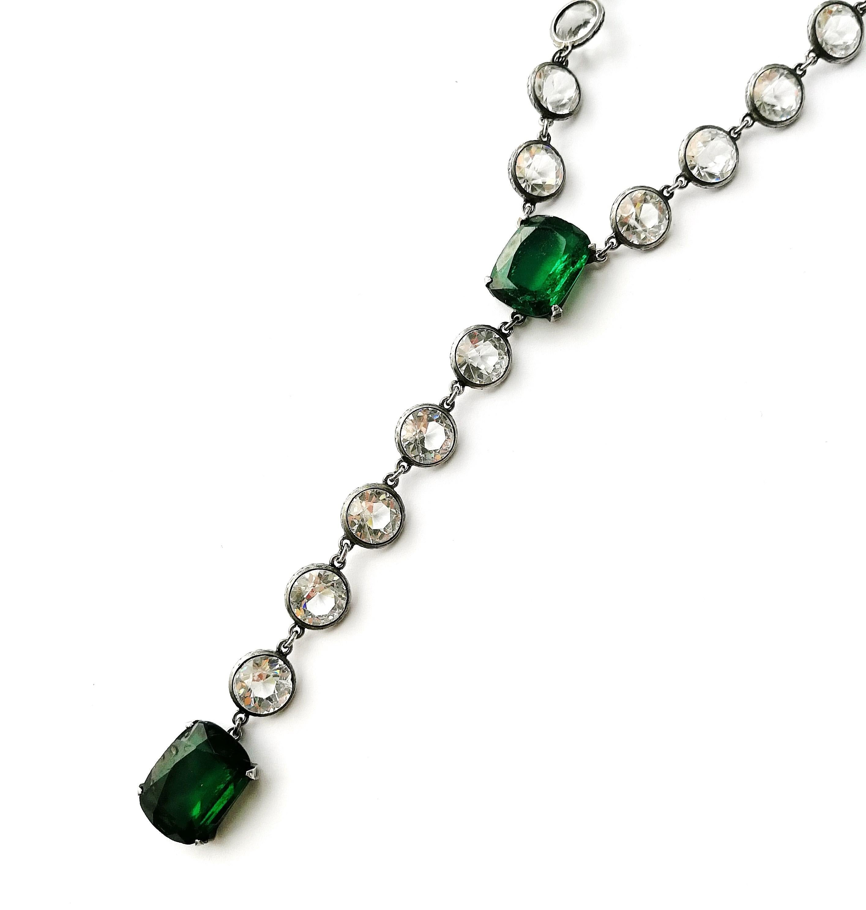 Silver/ emerald glass and clear crystal sautoir necklace, France, 1920s 2