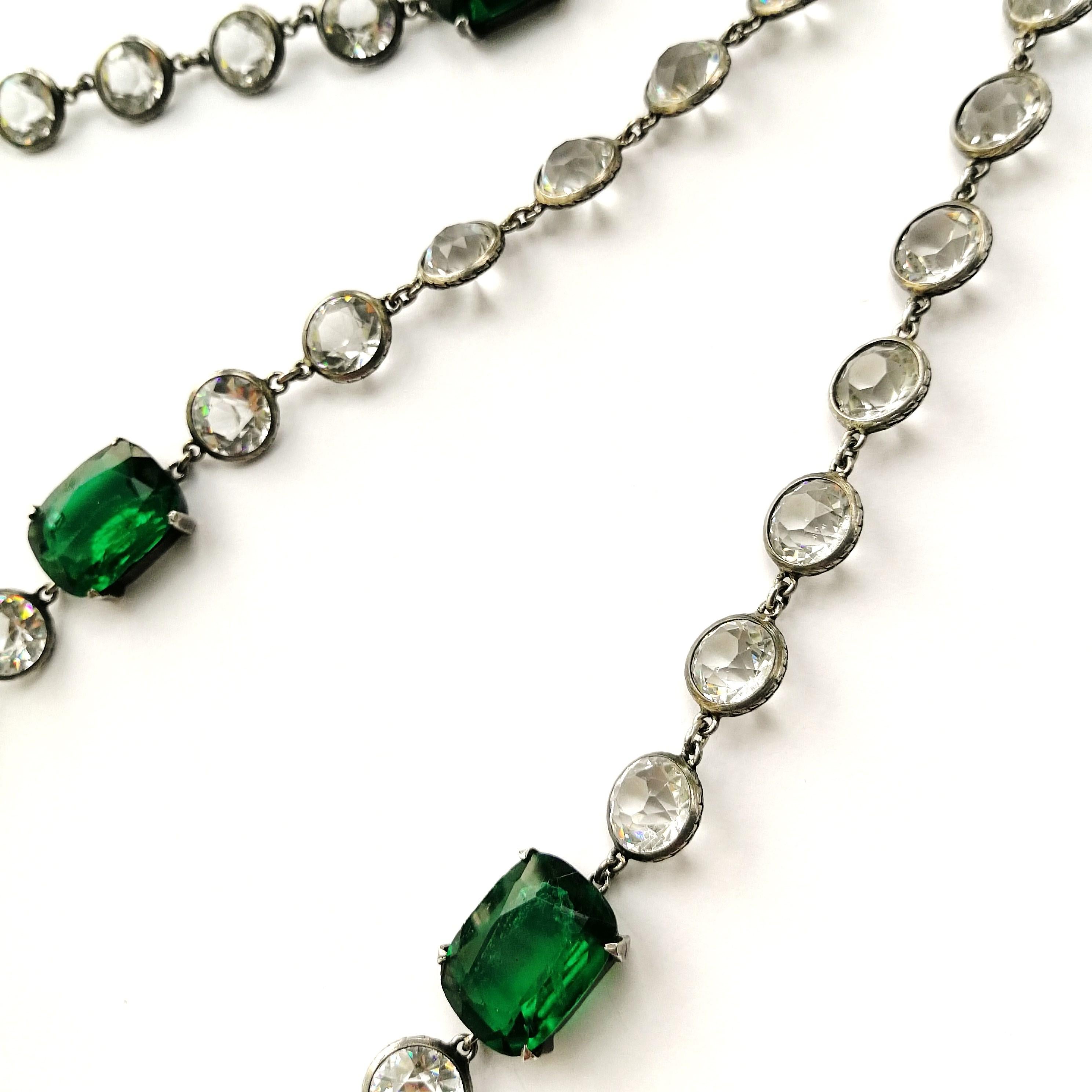 Silver/ emerald glass and clear crystal sautoir necklace, France, 1920s 4