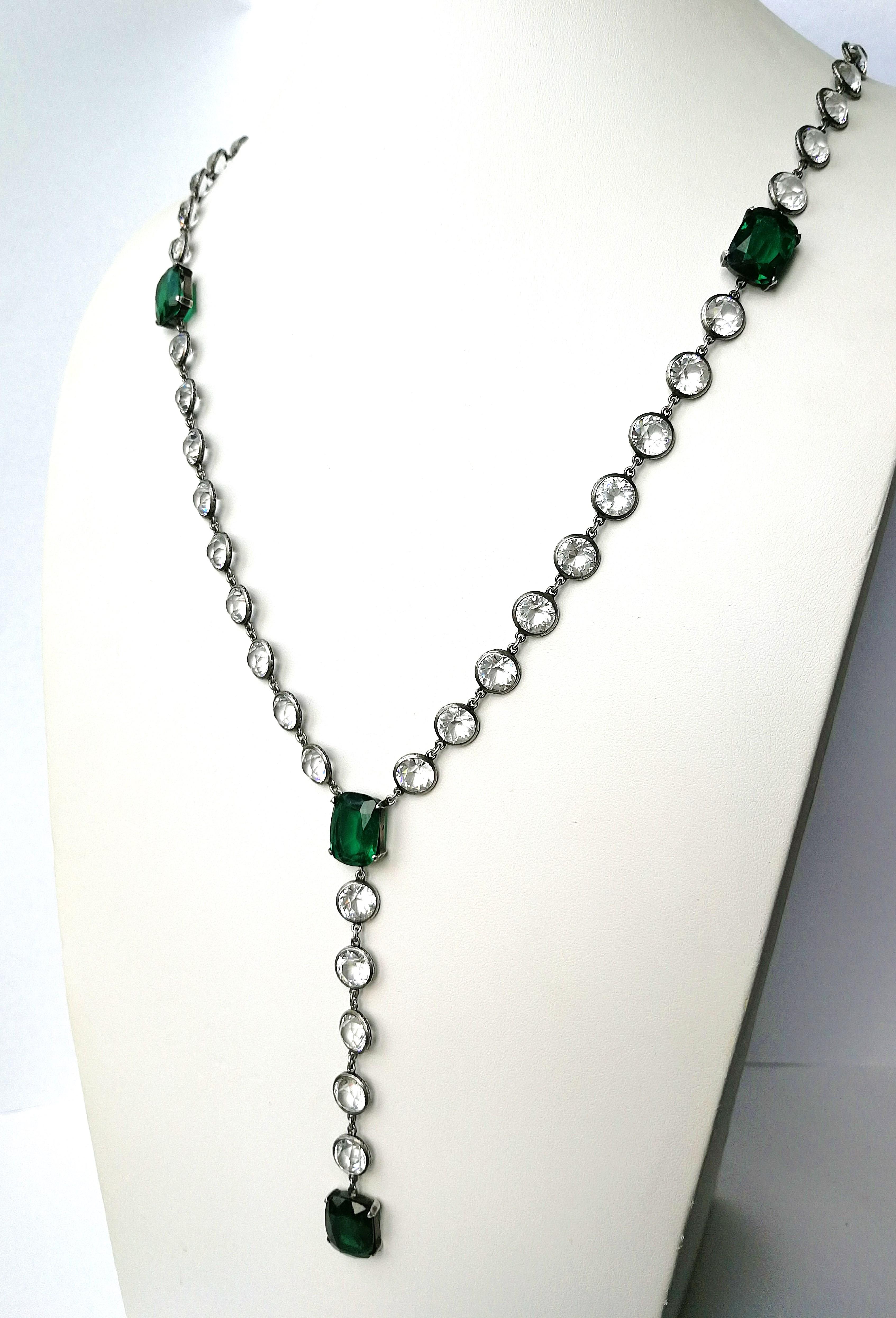 Women's or Men's Silver/ emerald glass and clear crystal sautoir necklace, France, 1920s