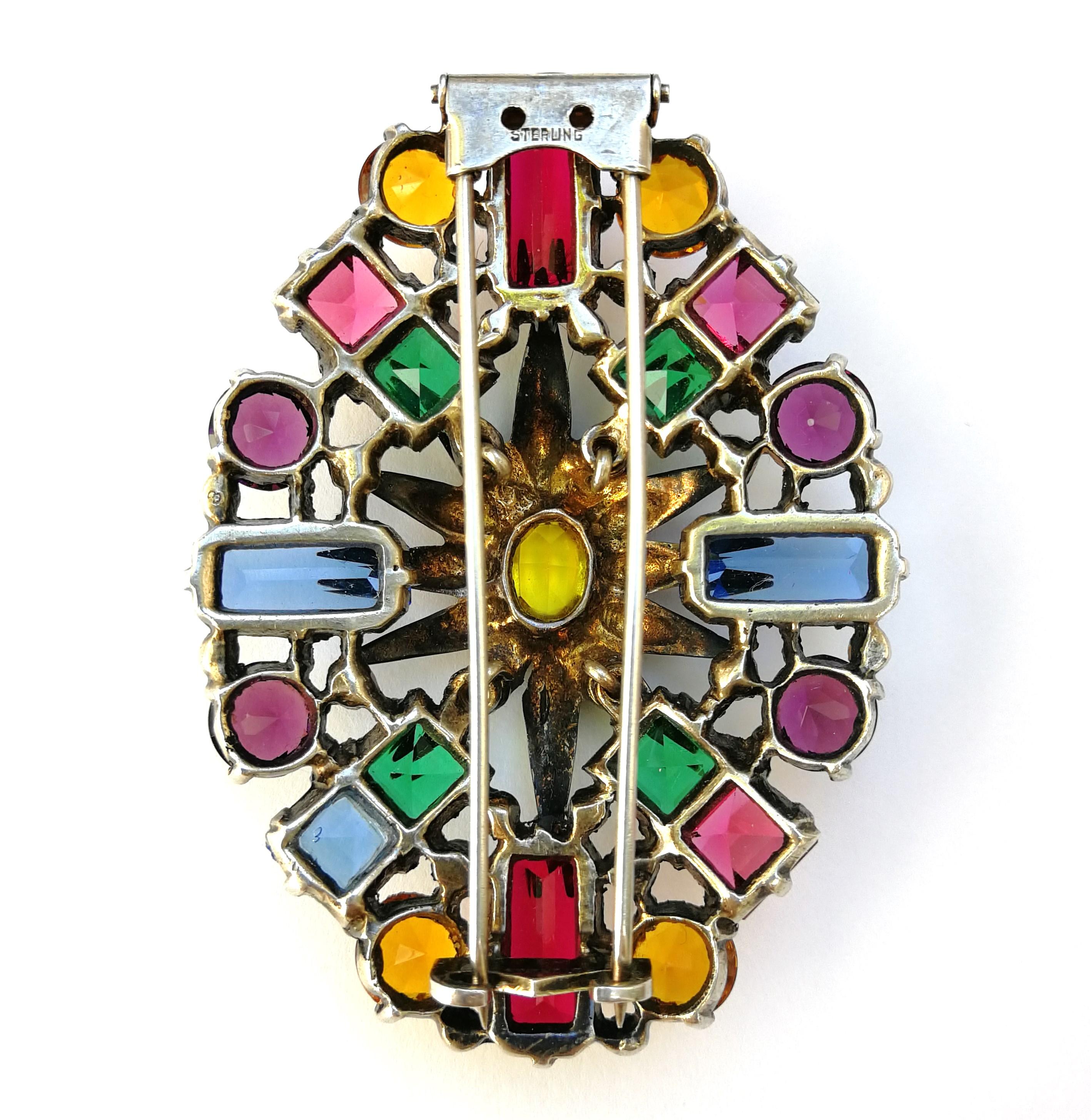 Eisenberg Sterling silver multi coloured paste large fur clip, 1940s In Good Condition In Greyabbey, County Down
