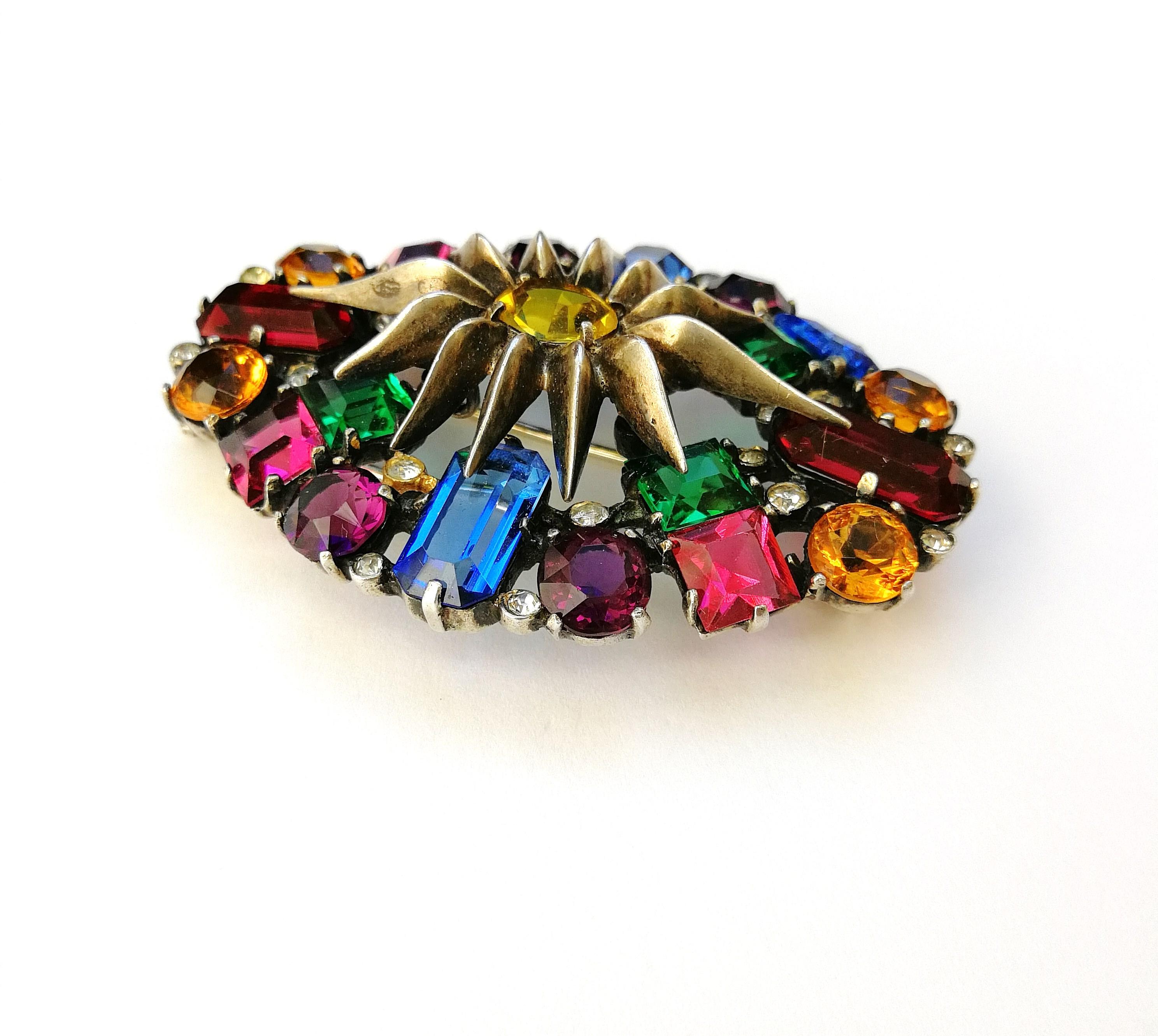 Eisenberg Sterling silver multi coloured paste large fur clip, 1940s 4