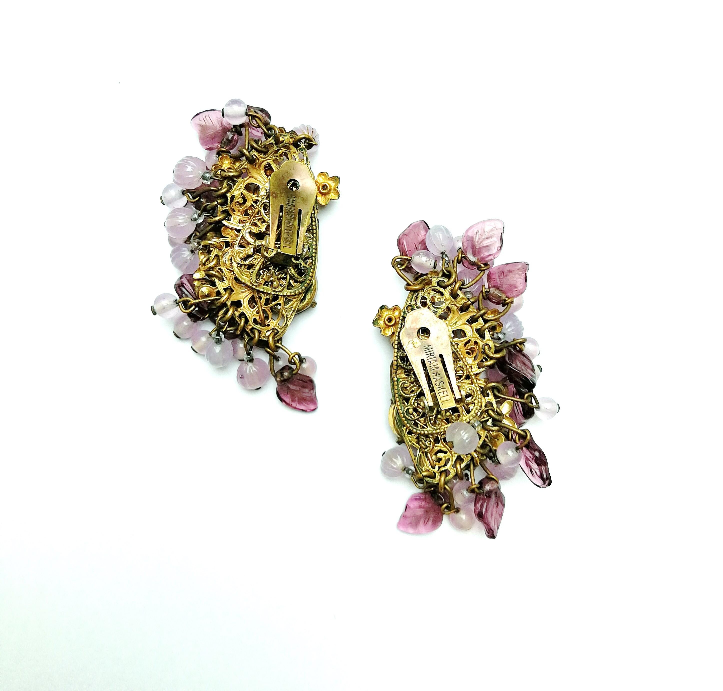 Amethyst glass and coloured paste large cluster earrings, Miriam Haskell, 1960s 1