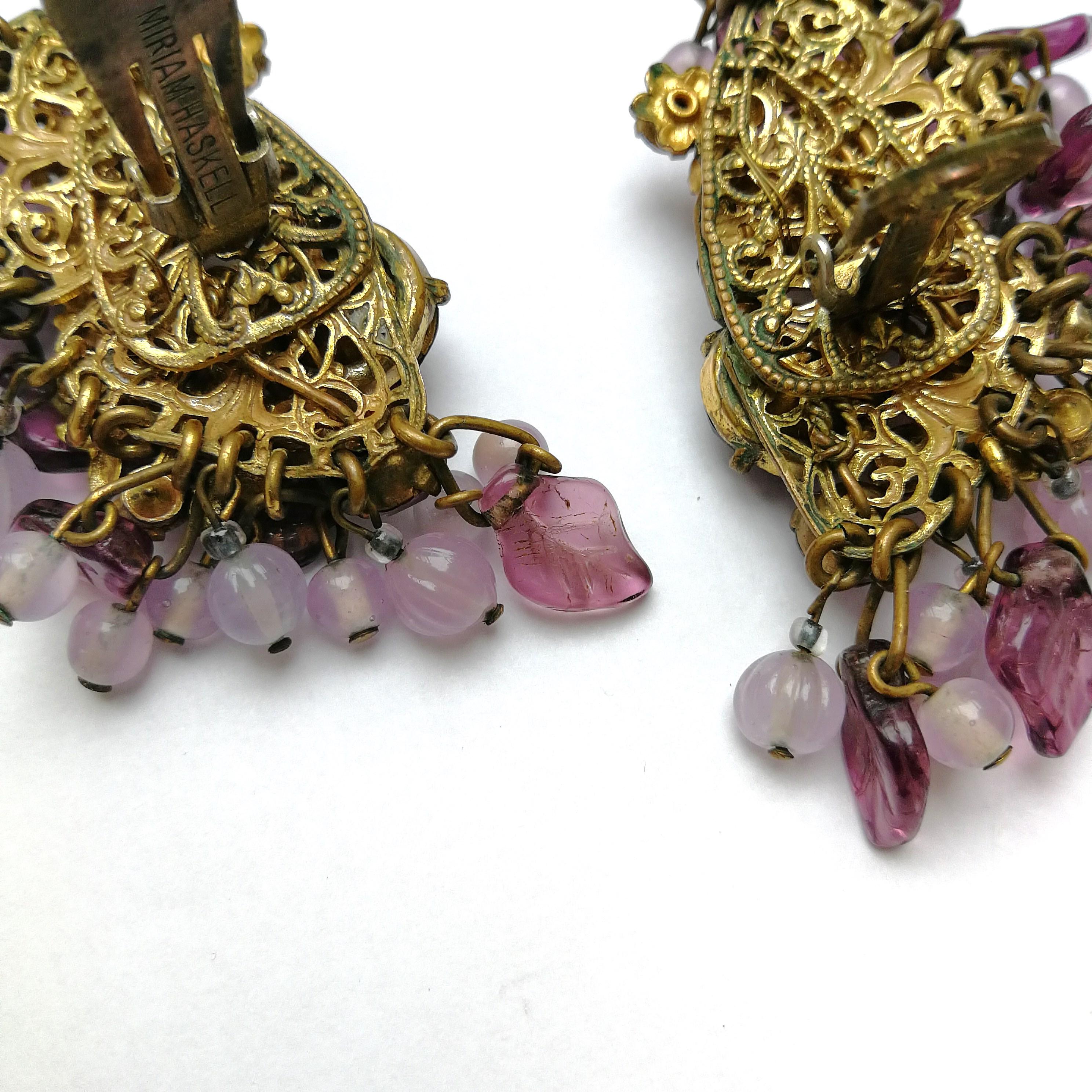 Amethyst glass and coloured paste large cluster earrings, Miriam Haskell, 1960s 3