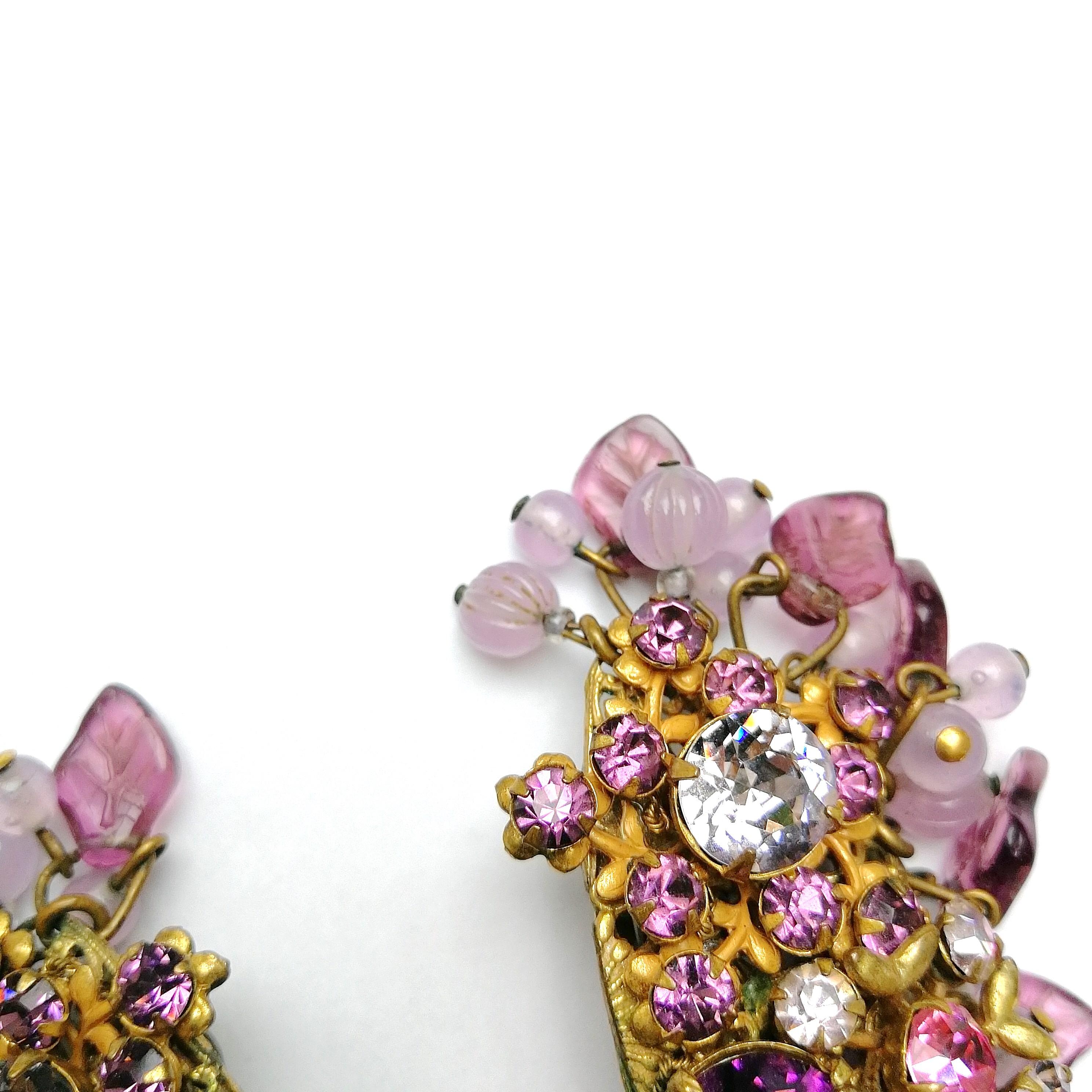 Amethyst glass and coloured paste large cluster earrings, Miriam Haskell, 1960s 4