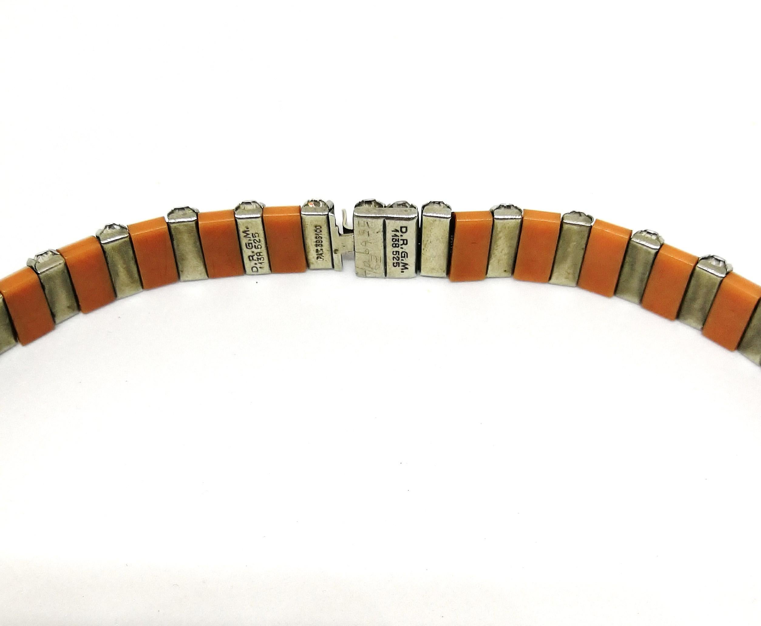 Art Deco D.R.G.M soft salmon pink Bakelite and paste necklace, Germany 1930s