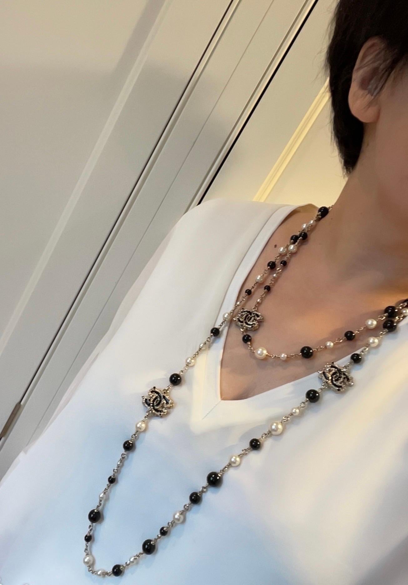 Chanel CC 3 Logos Crystal Pearl & Beaded Long Necklace In Excellent Condition In Banbury, GB