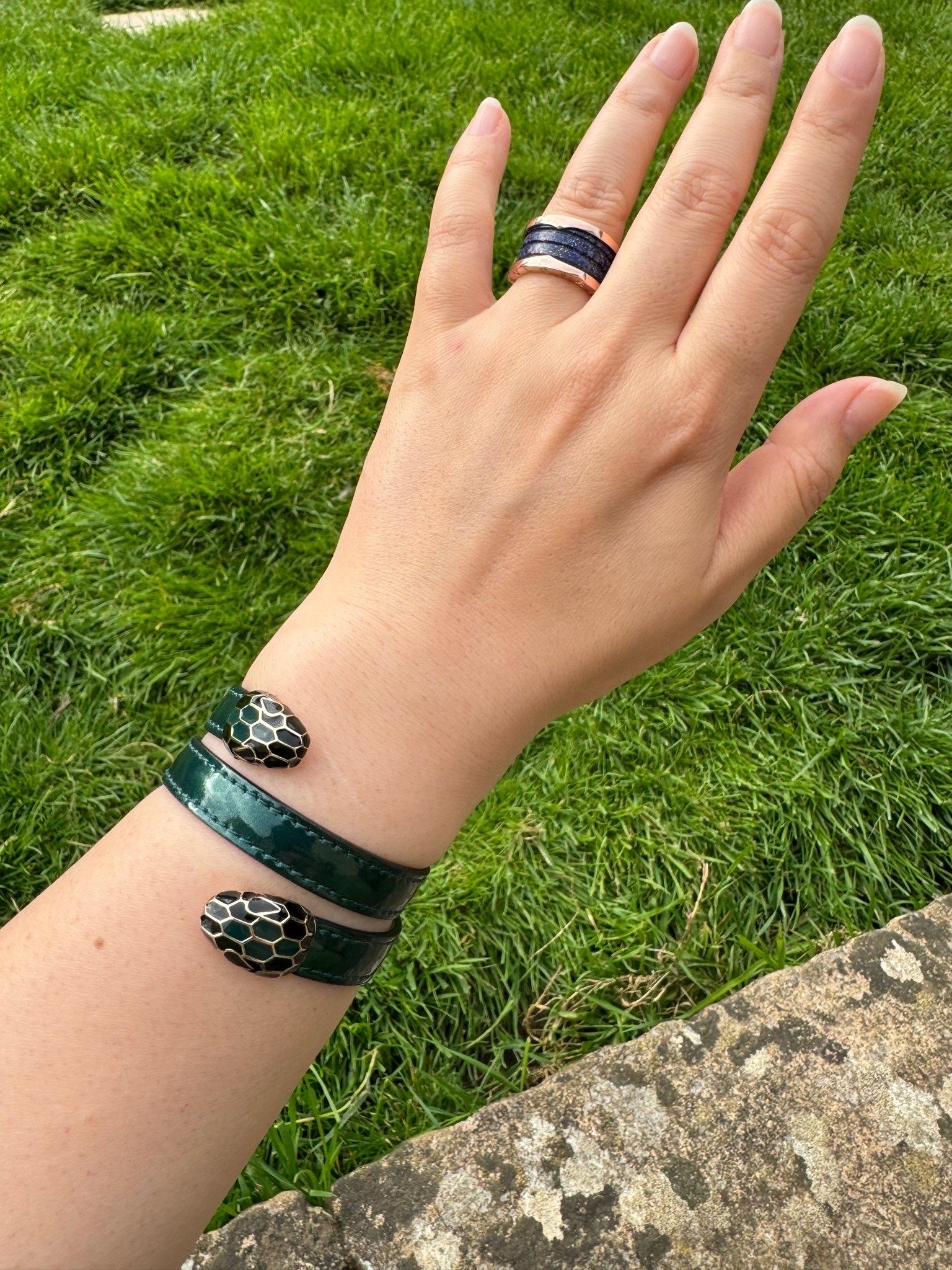 Bvlgari Serpenti Forever Emerald Green Shinny Leather Two-Coil Bracelet 1