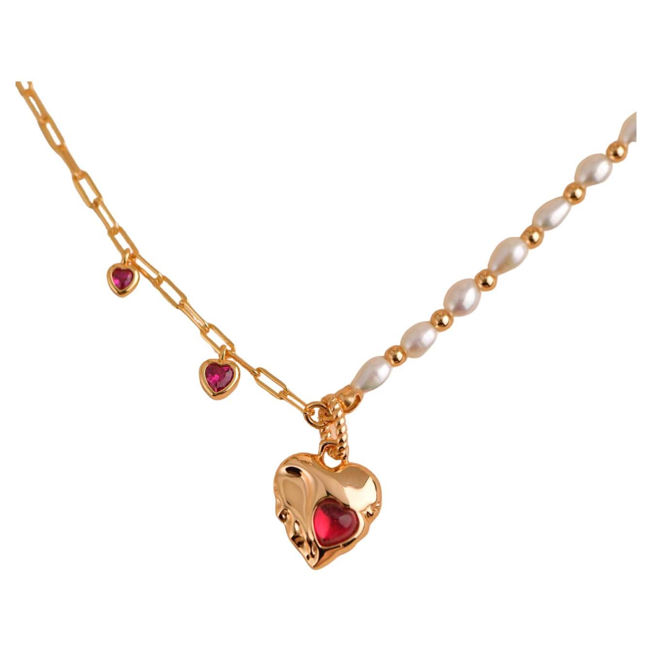 Freshwater Pearl with Zircon Gold Heart Charm Necklace