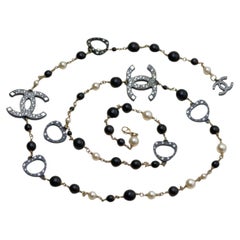 Chanel CC Faux Pearl & Crystal Black Bead Sautoir Necklace