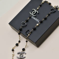 Chanel CC Faux Pearl & Crystal Black Bead Sautoir Necklace