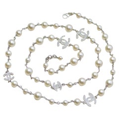 Chanel CC Faux Pearl Sautoir Necklace with Five Logos