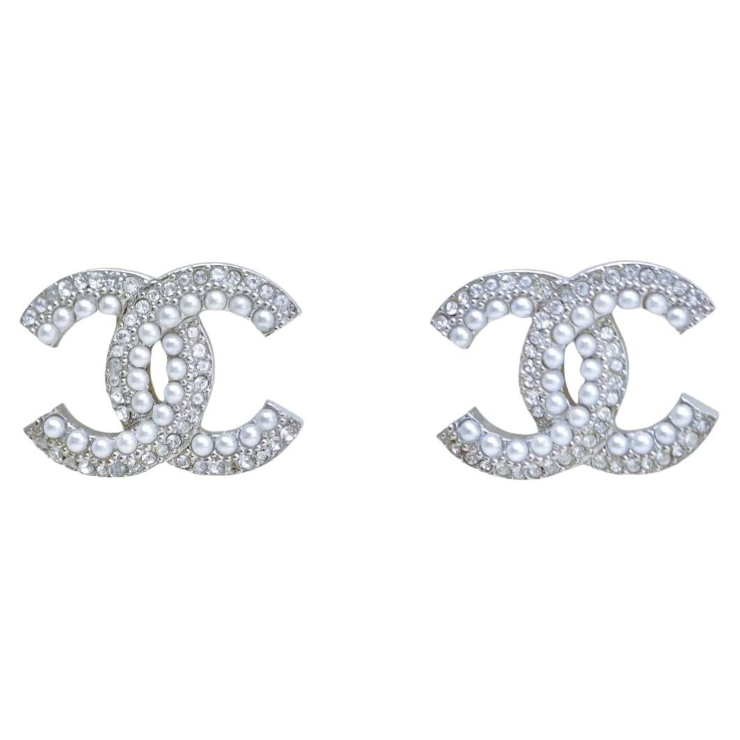 Chanel CC Faux Pearls Crystal Stud Earrings For Sale