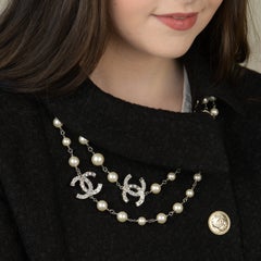 Chanel CC Sautoir Necklace Faux Pearl Crystal Three Logos