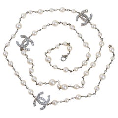 Chanel CC Sautoir Necklace Faux Pearl Crystal Three Logos