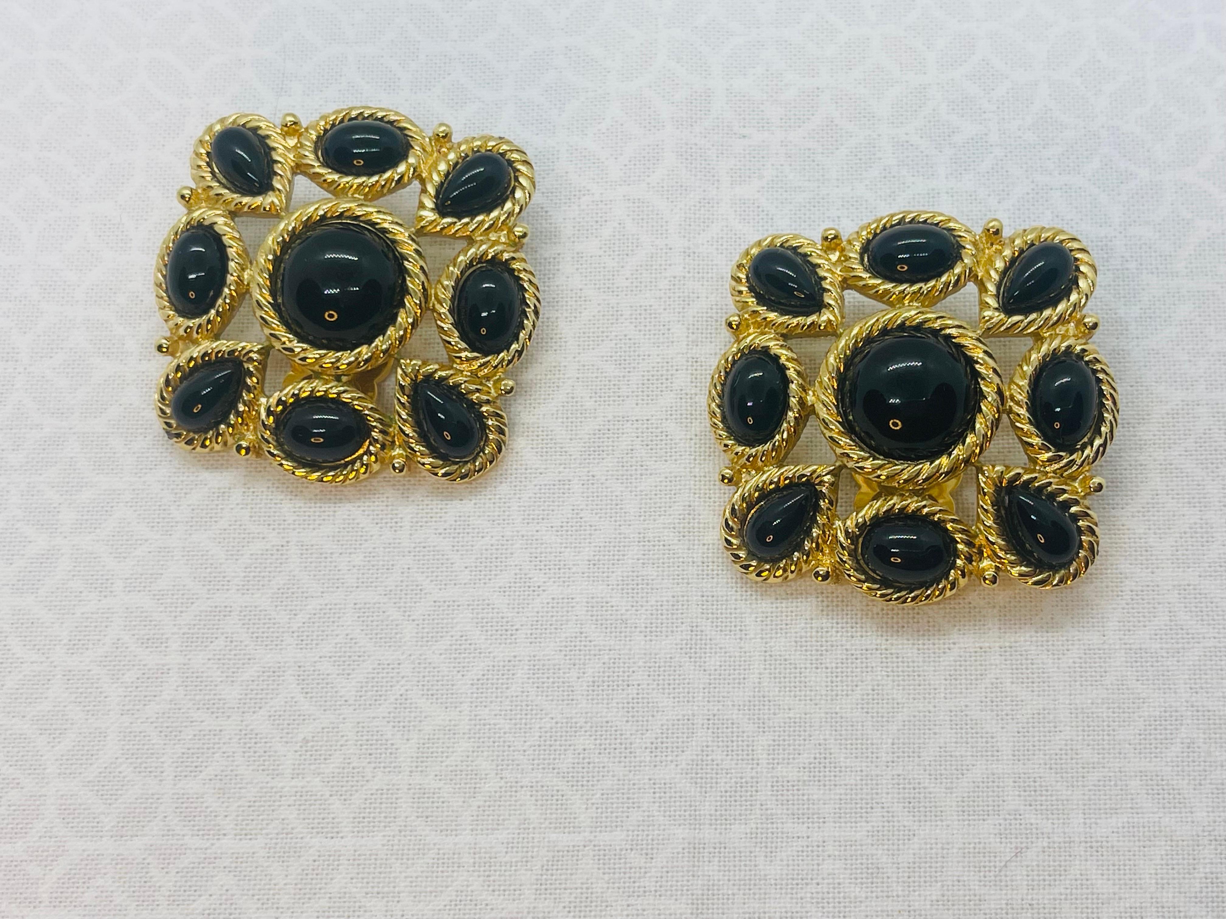 Women's or Men's Trifari Black and Gold Square Clip - on Earring Circa. 1988-1998 For Sale
