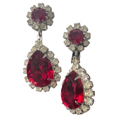 Designer Kramer Ruby Red Paddle Back Rhinestone Earrings Circa. 1955s -1960