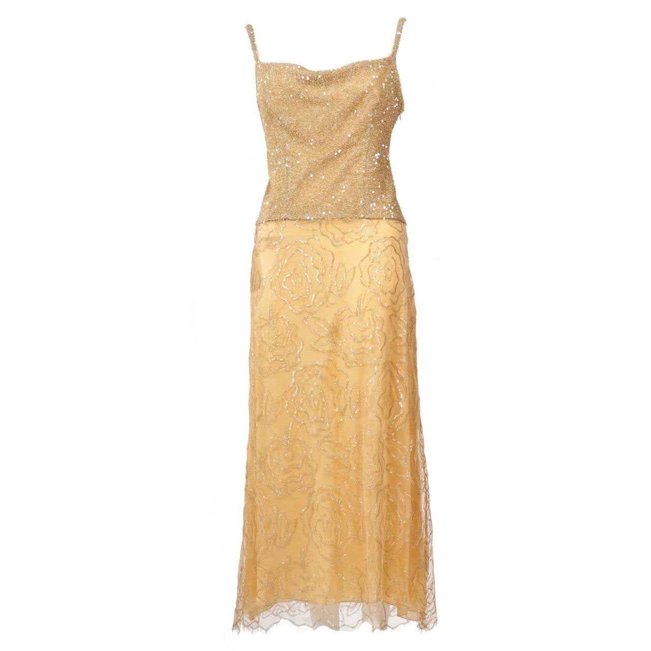 Celine By Michael Kors Beaded & Chantilly Lace Evening Dress For Sale