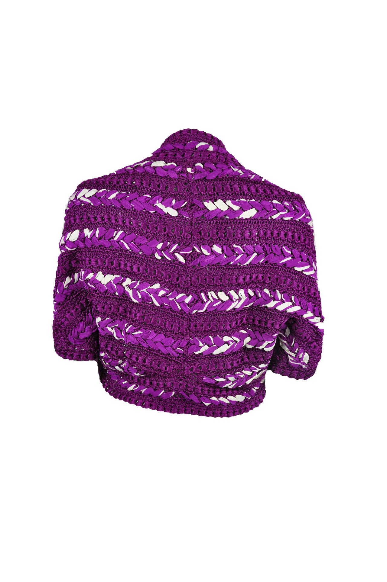 Oscar de la Renta Magenta & White Silk Crochet Cropped Cardigan