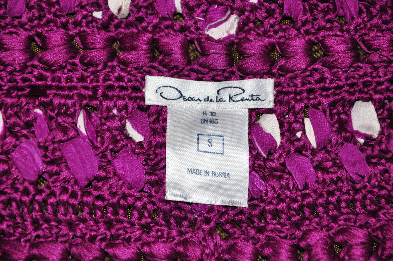 Purple Oscar de la Renta Magenta & White Silk Crochet Cropped Cardigan For Sale
