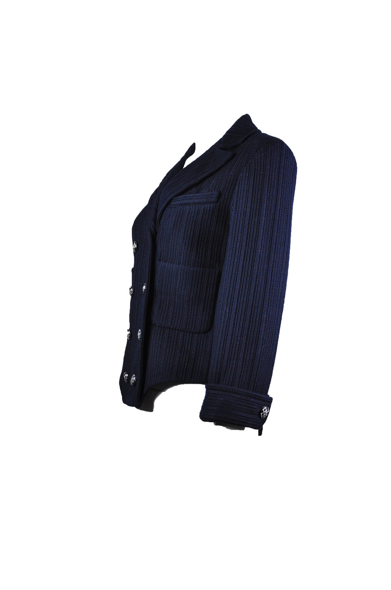 Chanel 2013P Navy Textured Cotton Double Breasted Jacket NWT FR38