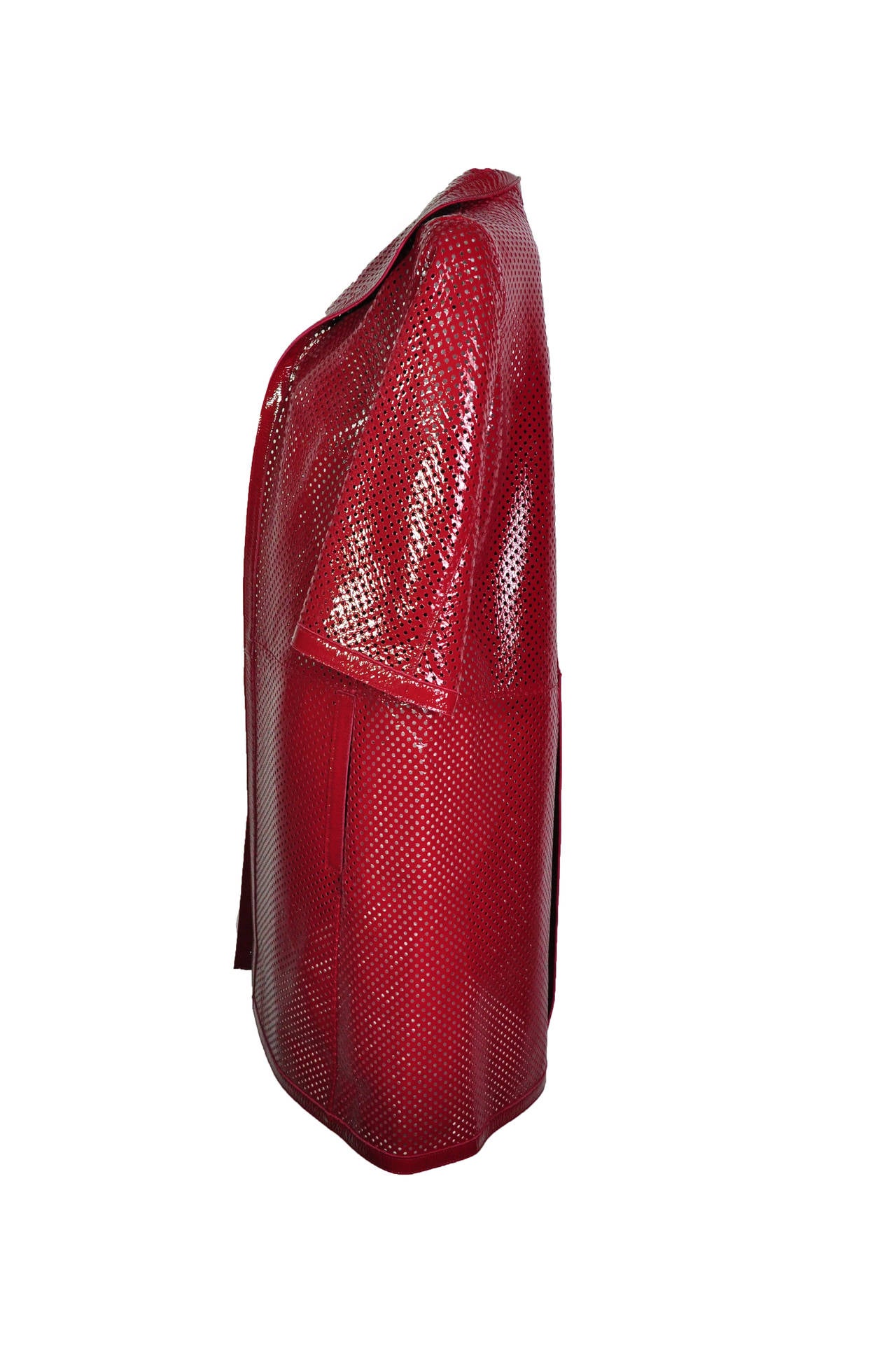 Marni Chili Red Perforated Patent Leather Dust Coat In New Condition For Sale In Hong Kong, Hong Kong