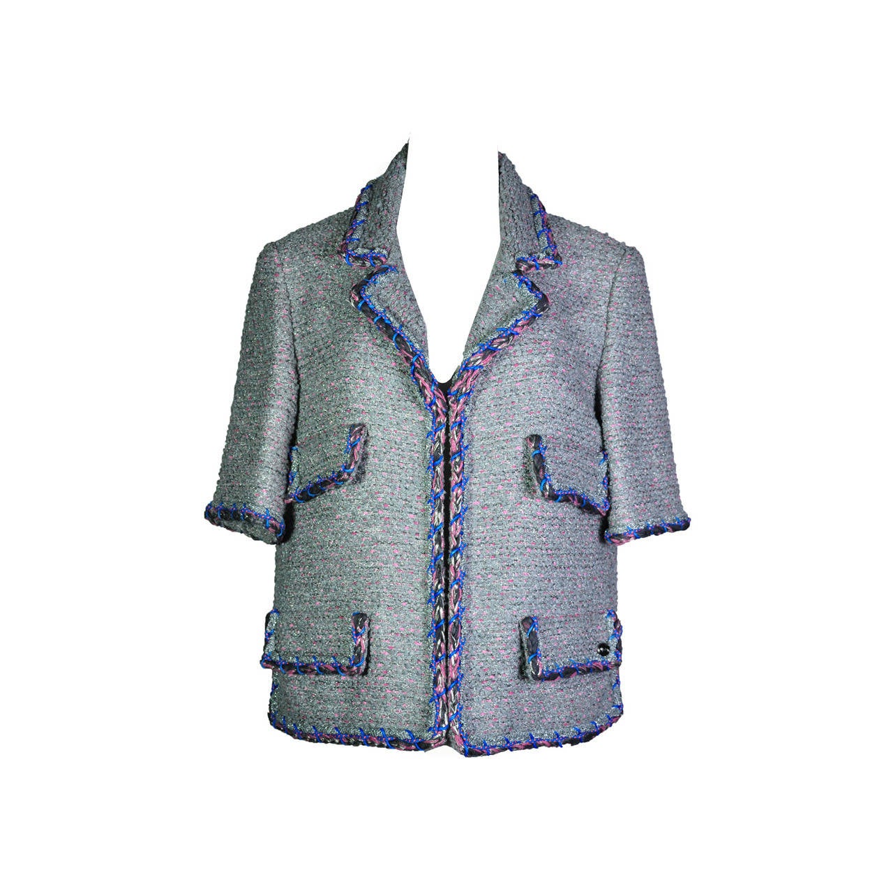 Chanel 2014 S/S Silver Grey and Pink Fantasy Tweed Jacket FR38