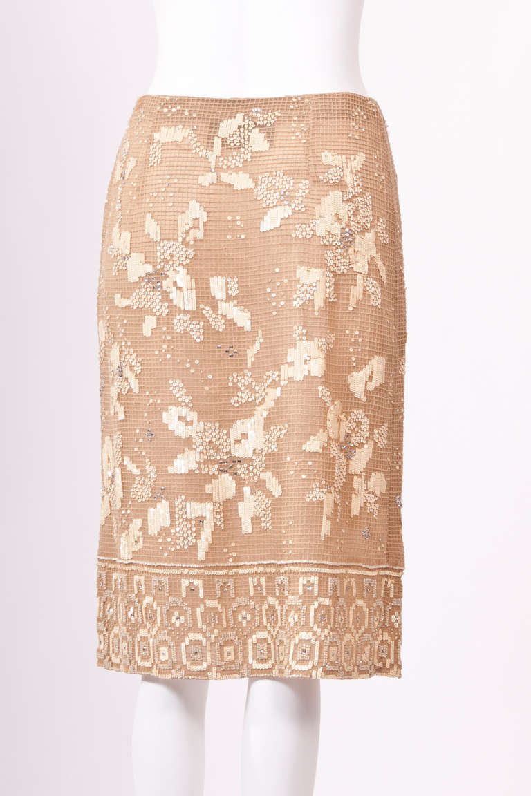 Orange Valentino 90's Beige and Ivory Sequin with Crystals Skirt