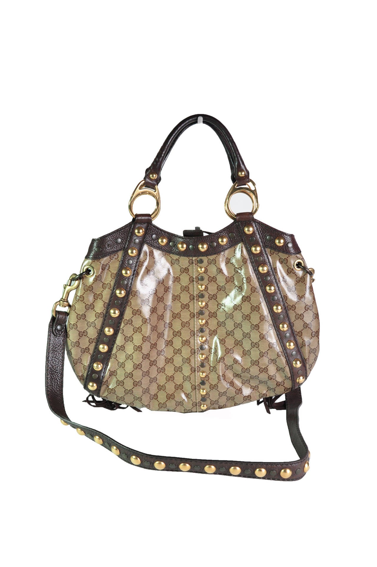 Women's Gucci Babouska Hobo Patent Canvas Studded Tote Bag